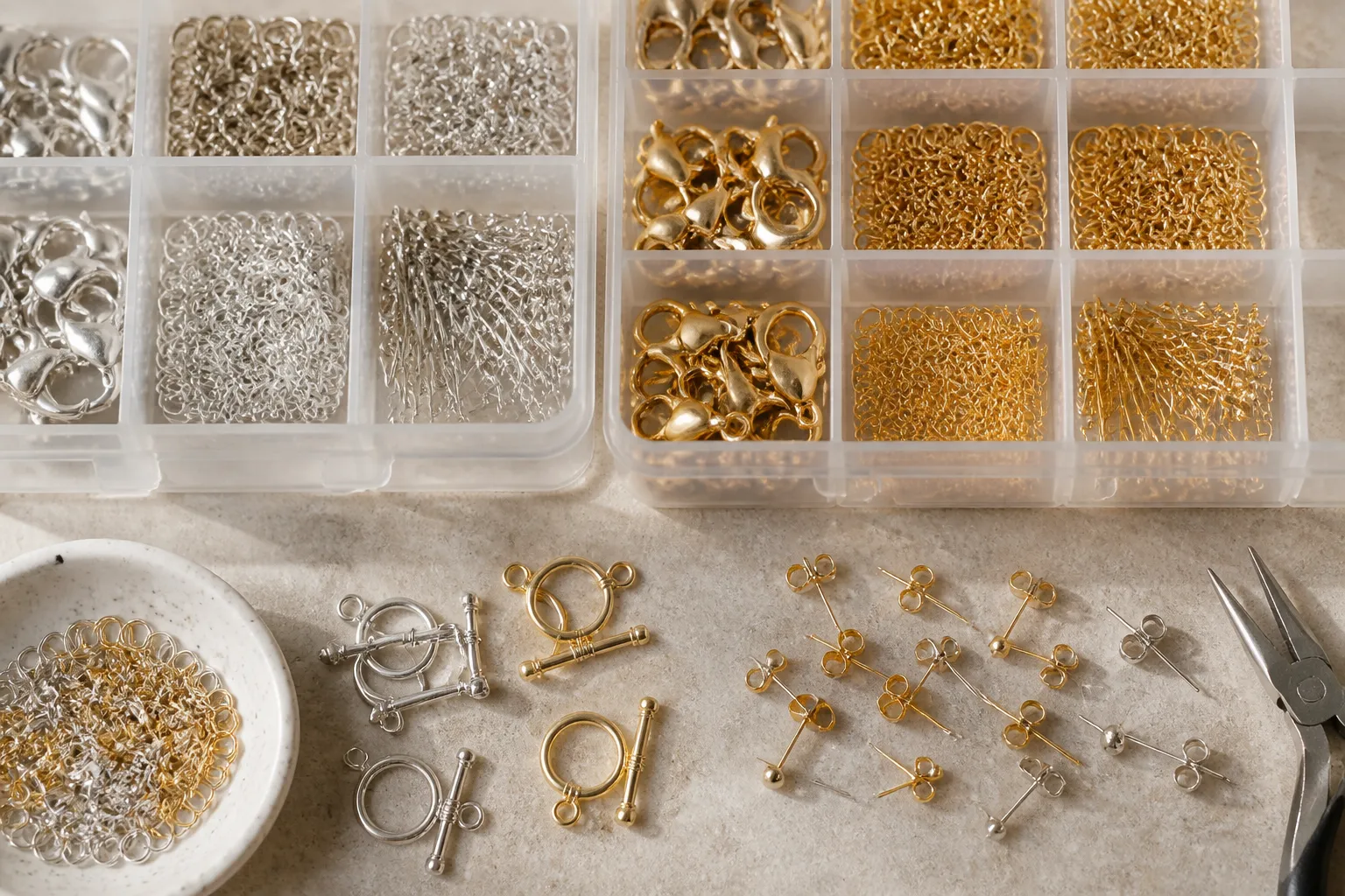 jewellery wholesale supplies - Photorealistic top-down photograph of an organised jewellery findings storage system — compartmental clear trays on a workbench, each section holding different components: lobster clasps, spring ring clasps, open jump rings in multiple gauges, post-and-clutch earring sets, barrel clasps, and toggle clasps — all in sterling silver and gold-filled finishes, labelled with handwritten white tape, natural overhead light casting gentle shadows