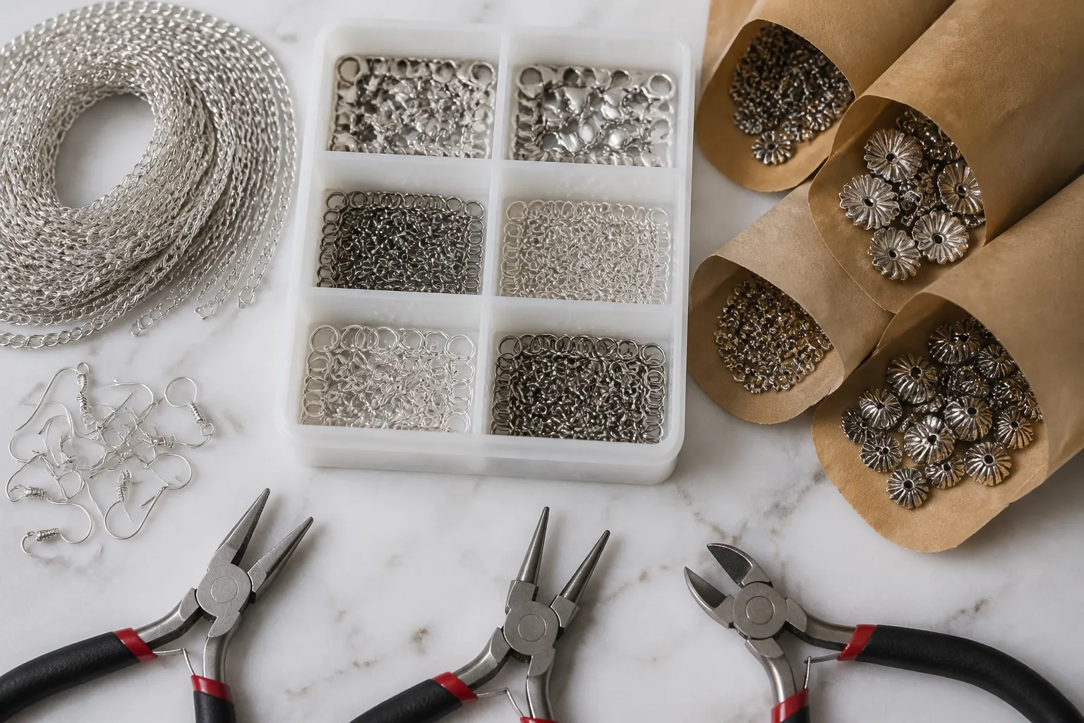 wholesale jewellery making supplies - Photorealistic overhead flat-lay of wholesale jewellery making supplies organized by category on a clean white marble surface: coiled sterling silver chain on the upper left, a divided metal tray filled with sorted clasps and jump rings in the centre, small kraft paper bags of metal bead caps on the upper right, a set of flat-nose pliers and wire cutters at the bottom, studio diffused lighting, documentary photography, no text or labels