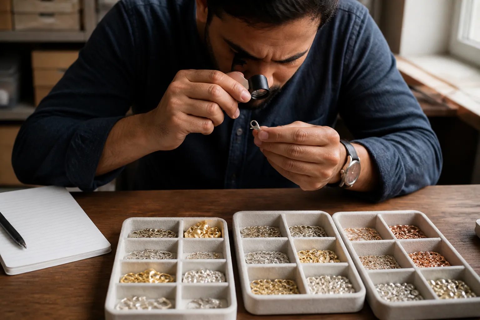 wholesale jewellery making supplies - Editorial photo of a jewellery procurement professional at a wooden studio desk: right hand holding a jeweller's loupe to examine a small lobster clasp, three divided sorting trays containing sample findings (clasps, ear wires, jump rings) spread in front, a handwritten evaluation checklist on ruled notepad to the left, warm natural window light from the right side, candid close-up composition