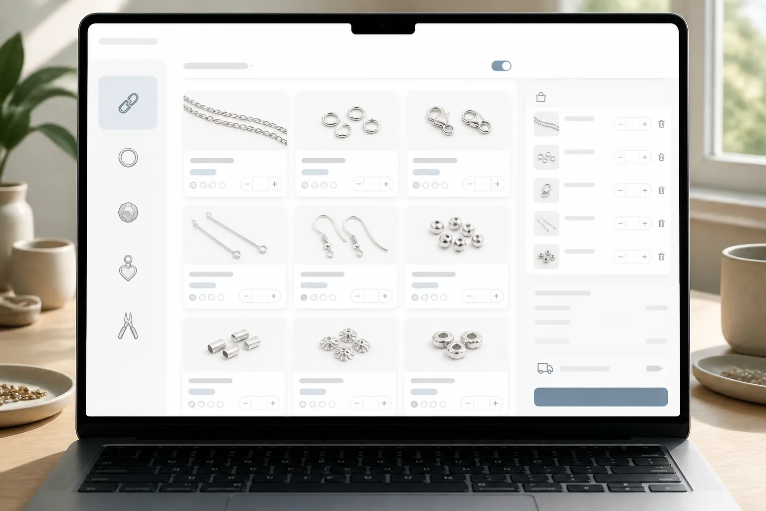wholesale jewellery making supplies - Annotated UI mockup of a professional wholesale jewellery supply ordering platform displayed on a laptop screen: left sidebar listing product categories with small icons (Chain, Findings, Beads, Charms, Tools), central product grid showing sterling silver component cards with per-unit wholesale pricing and quantity tiers, a cart summary panel on the right with order total and estimated shipping, realistic soft daylight reflection on the laptop screen, clean interface design, no real brand names visible
