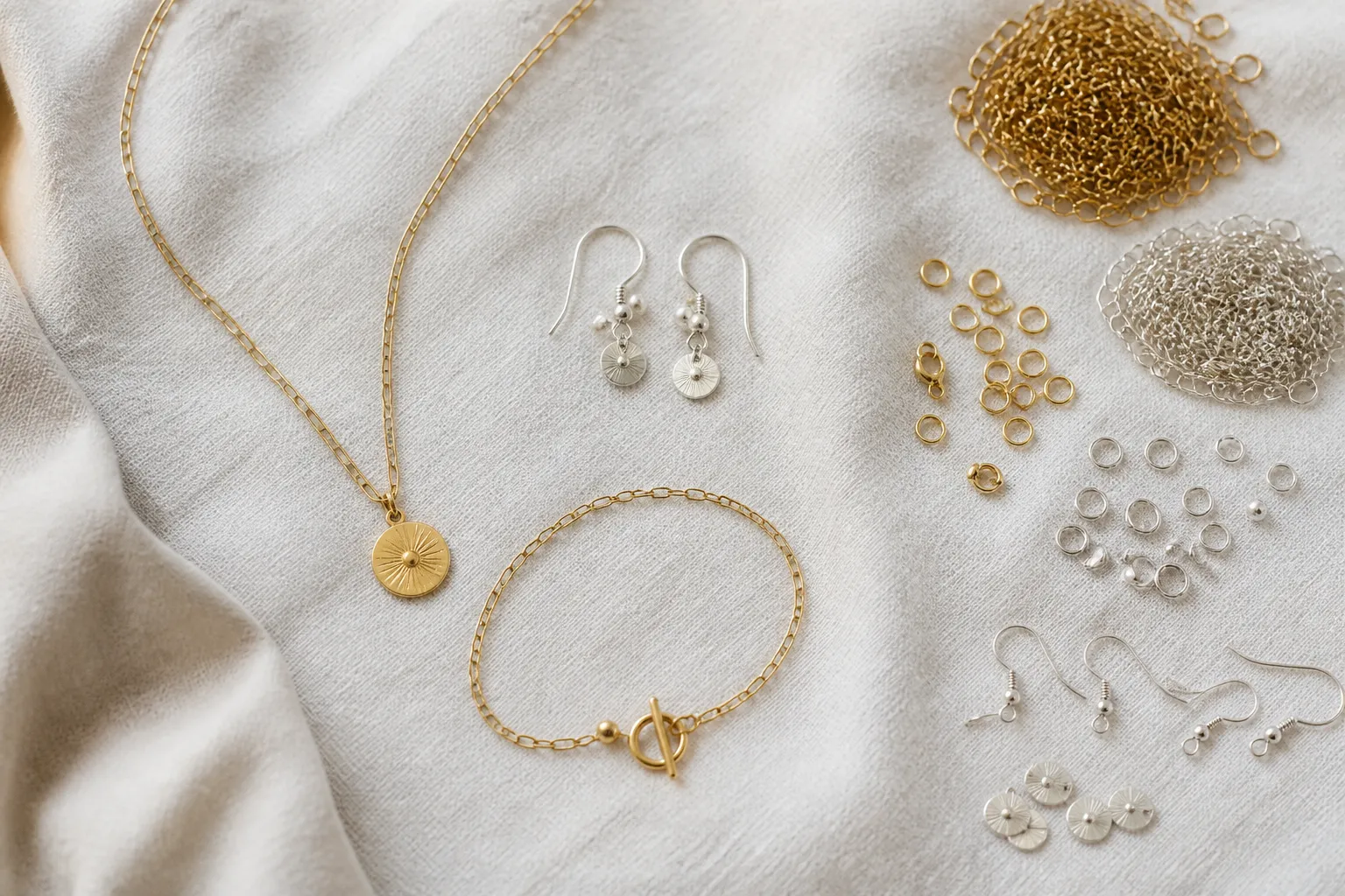 wholesale jewellery making supplies - Photorealistic styled product shot of finished jewellery pieces — a delicate gold-filled chain necklace, a pair of sterling silver ear wires with small charms, and a thin bracelet with a toggle clasp — arranged on a white linen surface with small piles of the wholesale component parts (raw chain lengths, findings, jump rings) visible beside them, studio soft-box lighting from above-left, clean editorial composition, no text or branding