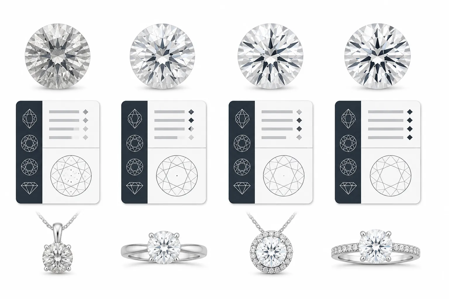 diamant synthétique - Tableau visuel comparant quatre diamants synthétiques de grades différents (H/SI2, F/VS1, D/VVS2, D/IF) avec leurs certificats gemmologiques IGI et GIA côte à côte, et les cas d'usage typiques en bijouterie OEM pour chaque niveau