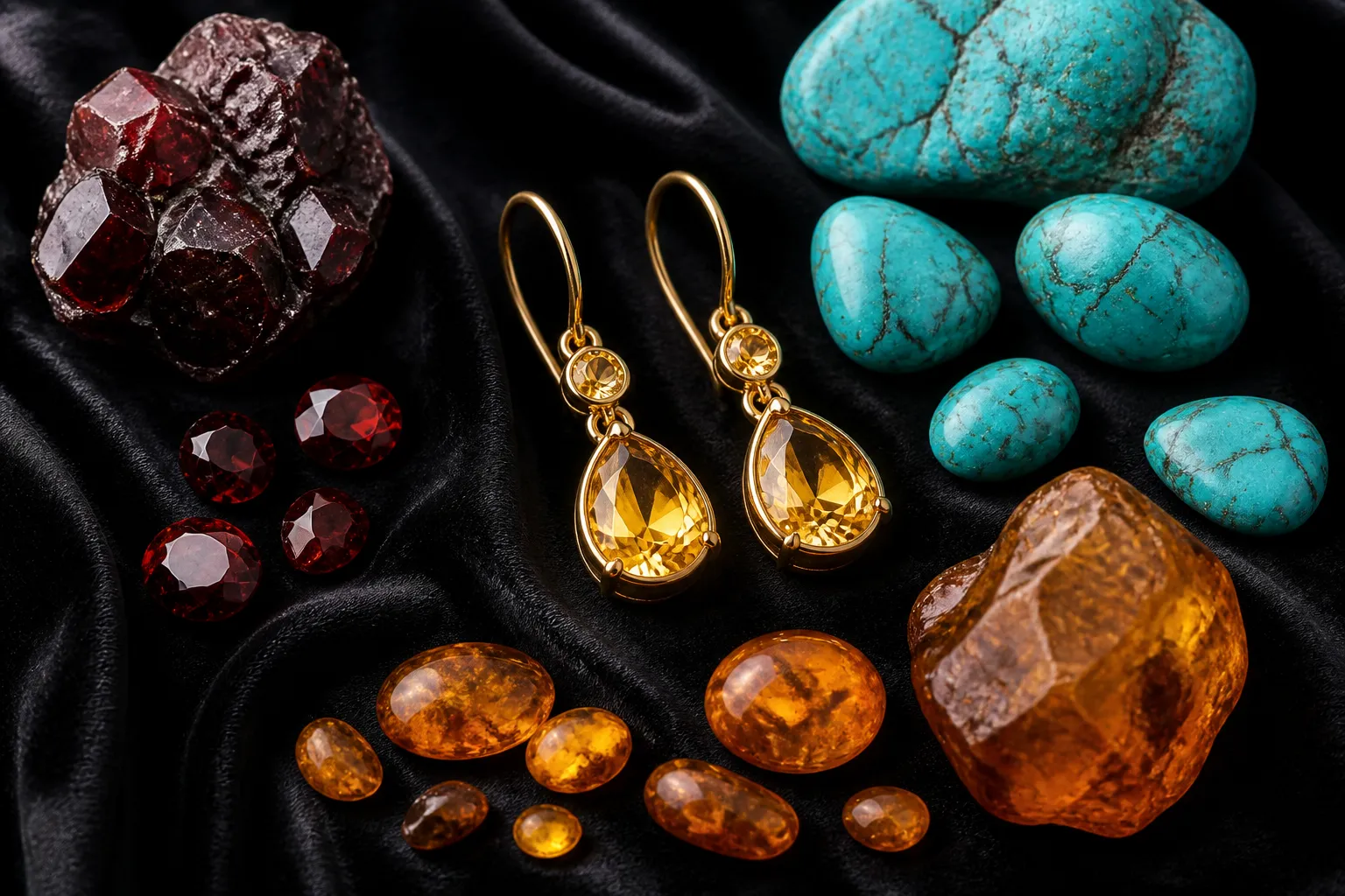 citrino piedra - Fotografía editorial de pendientes de gota con citrino piedra natural en montura de cobre chapado en oro sobre fondo de terciopelo negro, junto a otras piedras del catálogo — granate, turquesa y ámbar — para mostrar la gama de colores disponibles en una misma línea de producto