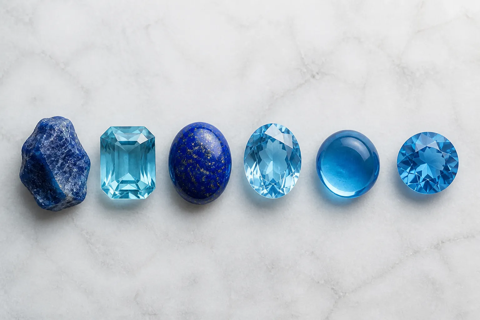 pierre bleue - Plateau éditorial présentant six variétés de pierre bleue côte à côte — saphir brut, aigue-marine taillée, lapis-lazuli cabochon, topaze bleue facettée, verre borosilicaté teint et cristal Swarovski — avec étiquettes identifiant chaque minéral et son niveau de dureté Mohs