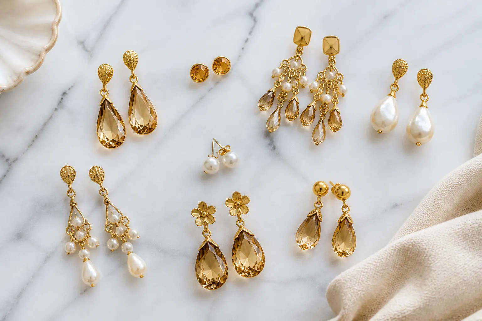 joyeria oro - Fotografía editorial de una selección de pendientes drop y studs chapados en oro dispuestos sobre una superficie de mármol, mostrando estilos vintage, cristal degradado y perlas de vidrio en tonos dorados y blancos