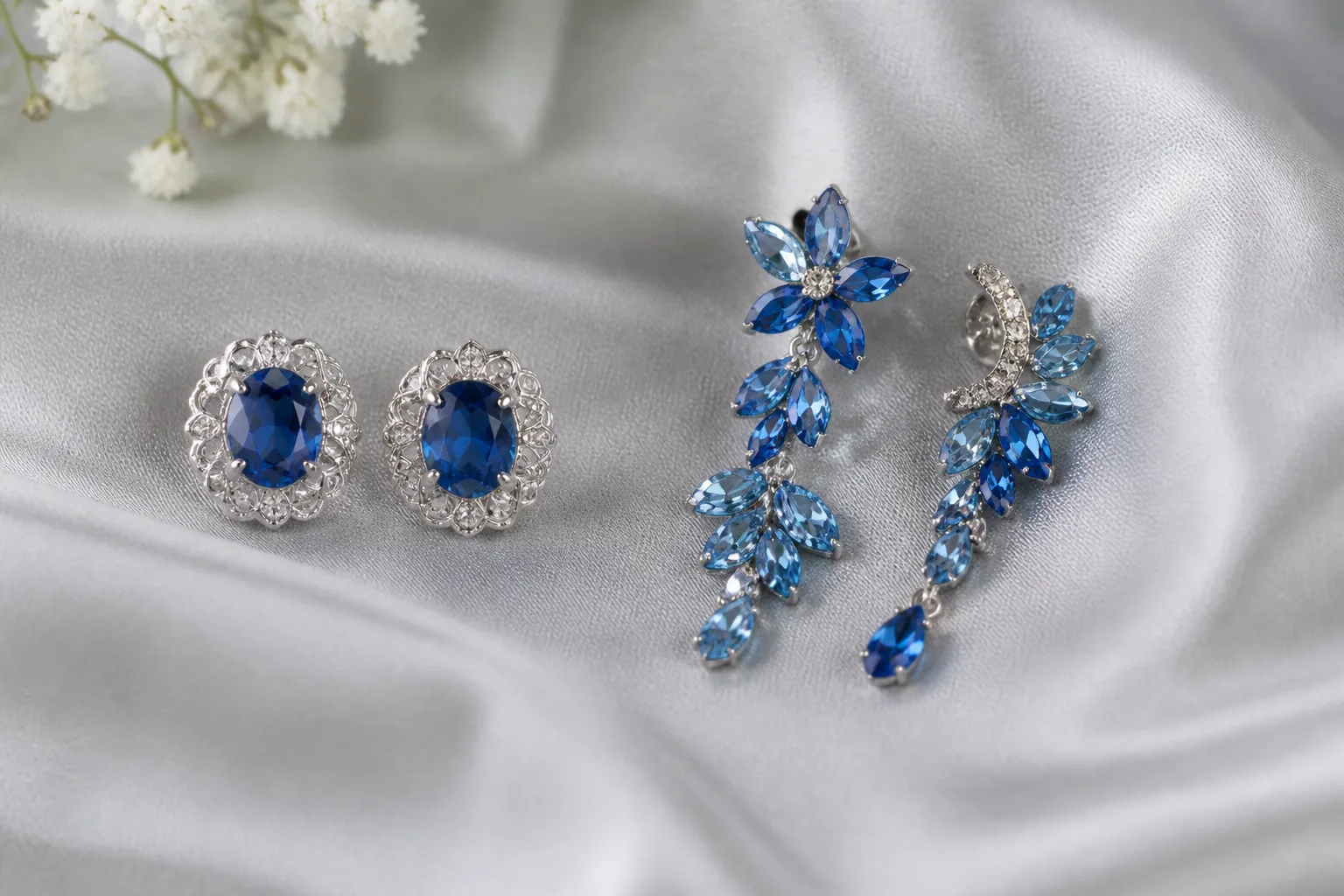 pierre bleue - Photo éditoriale de deux paires de boucles d'oreilles en pierre bleue posées sur fond de soie gris clair — une paire en style vintage symétrique argent rhodié, l'autre en style fleur asymétrique cristal bleu — montrant le contraste entre finition classique et finition contemporaine pour deux segments de marché différents