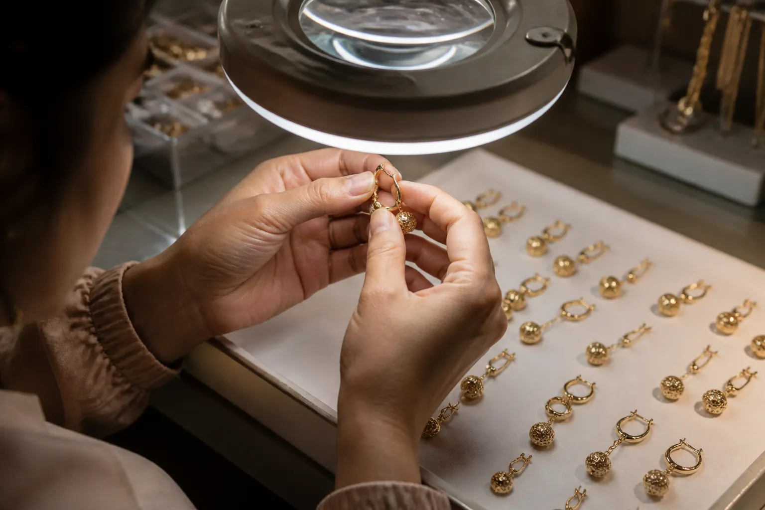 joyeria oro - Fotografía de proceso de control de calidad en taller de joyería, mostrando inspección de pendientes chapados en oro bajo lupa antes de embalaje para envío internacional