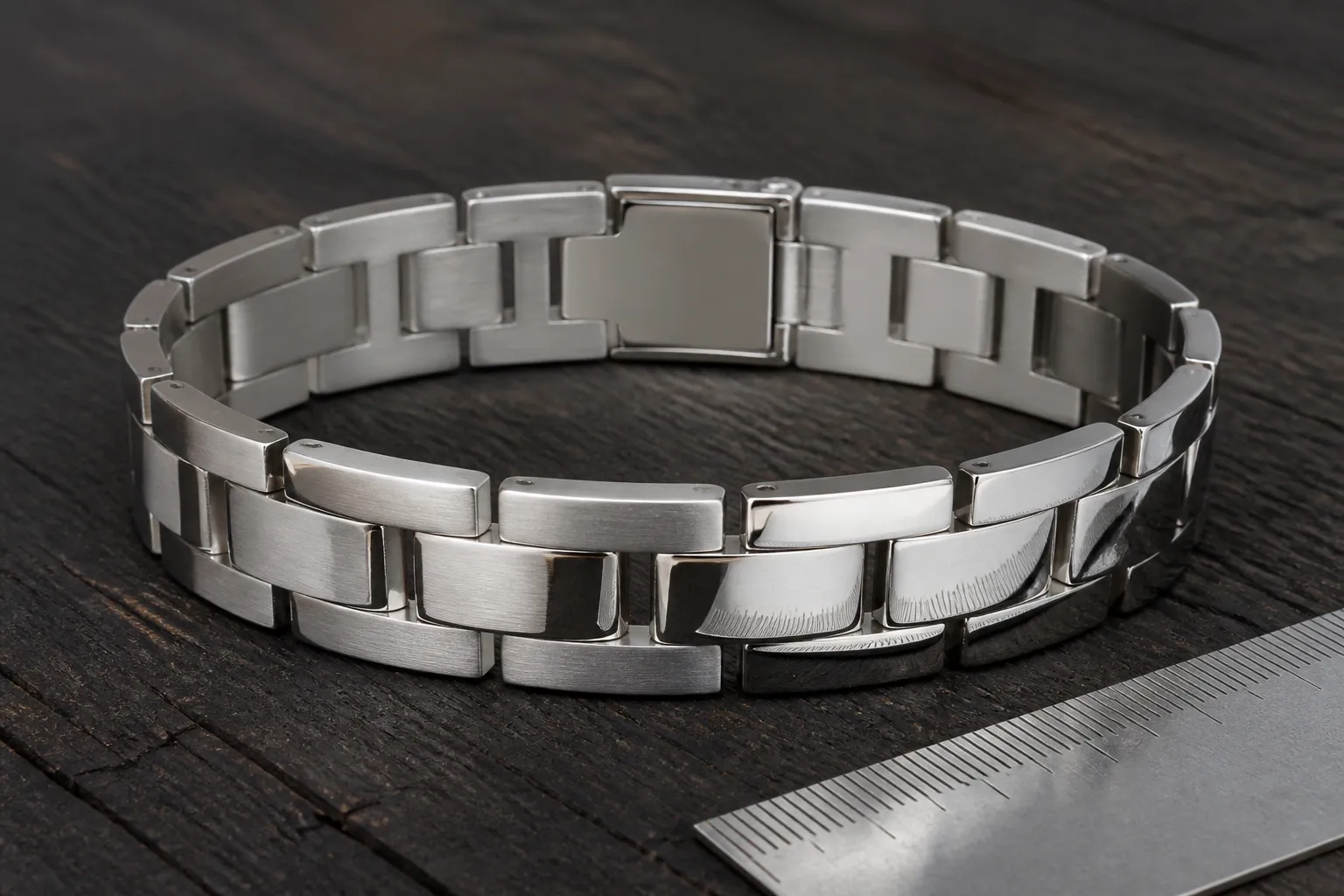 armband männer silber - Nahaufnahme eines rhodium-plattierten Herren-Gliederarmbands auf dunklem Holzuntergrund — der Unterschied zwischen mattem und poliertem Finish ist klar erkennbar, mit Größenangabe und Schließendetail