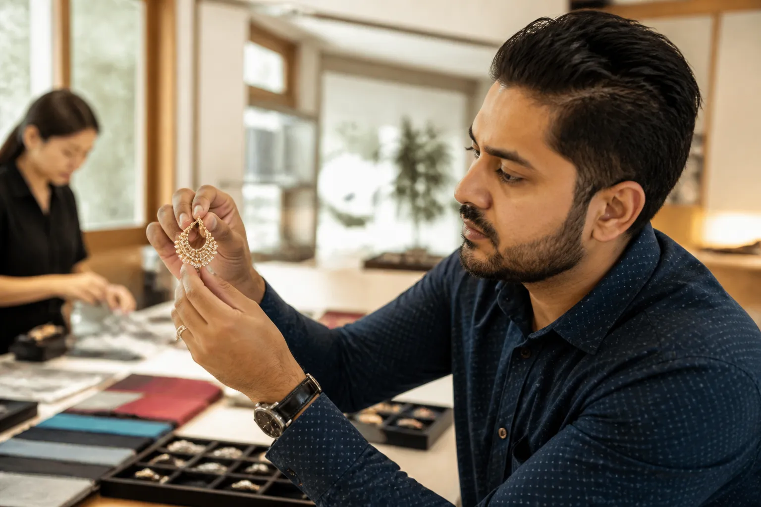 كيف اتاجر من الصين - Photorealistic scene of an importer reviewing fabric and jewelry samples on a large worktable in a Hangzhou wholesale district showroom, warm natural light from tall windows, product tags visible in Chinese and English, shallow depth of field focused on hands holding a gold-plated earring