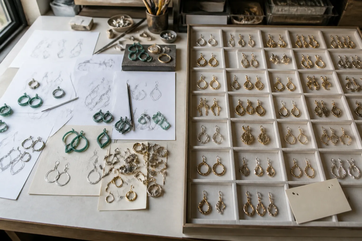 custom jewelry - Split-scene photo showing a traditional custom jewelry sampling table with design files and metal casts on one side, and a modern low-MOQ stock catalog with labeled earring styles and a 12-pcs minimum tag on the other — illustrating the MOQ and lead-time contrast between bespoke custom production and catalog sourcing