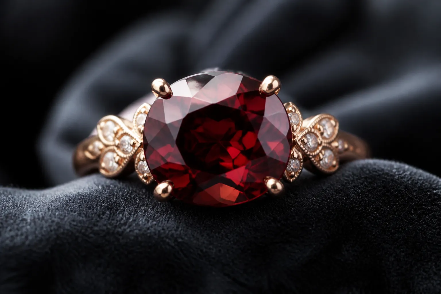 piedra granate - Fotografía editorial de cerca de una pieza de joyería con piedra granate natural sobre fondo de terciopelo oscuro, mostrando la profundidad del color rojo burdeos y el brillo de la gema