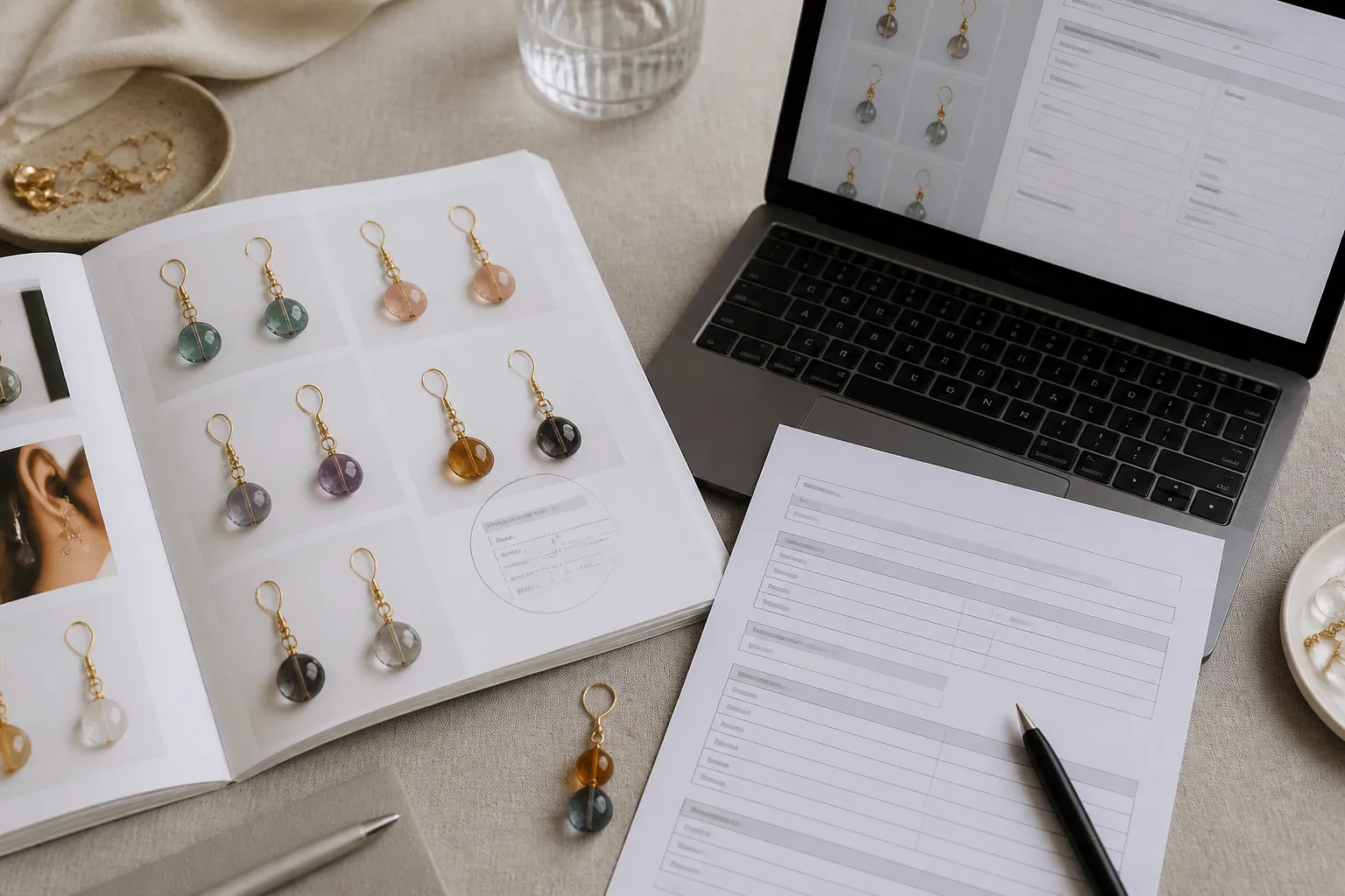 custom jewelry - Editorial flatlay photo of a buyer's sourcing shortlist: a printed 114-style jewelry catalog open to a drop earring page with "MOQ 12" circled, alongside a sample earring in two-tone glass bead, a quotation request form, and a laptop showing a supplier's multilingual inquiry form — communicating the B2B procurement evaluation process for fashion jewelry sourcing