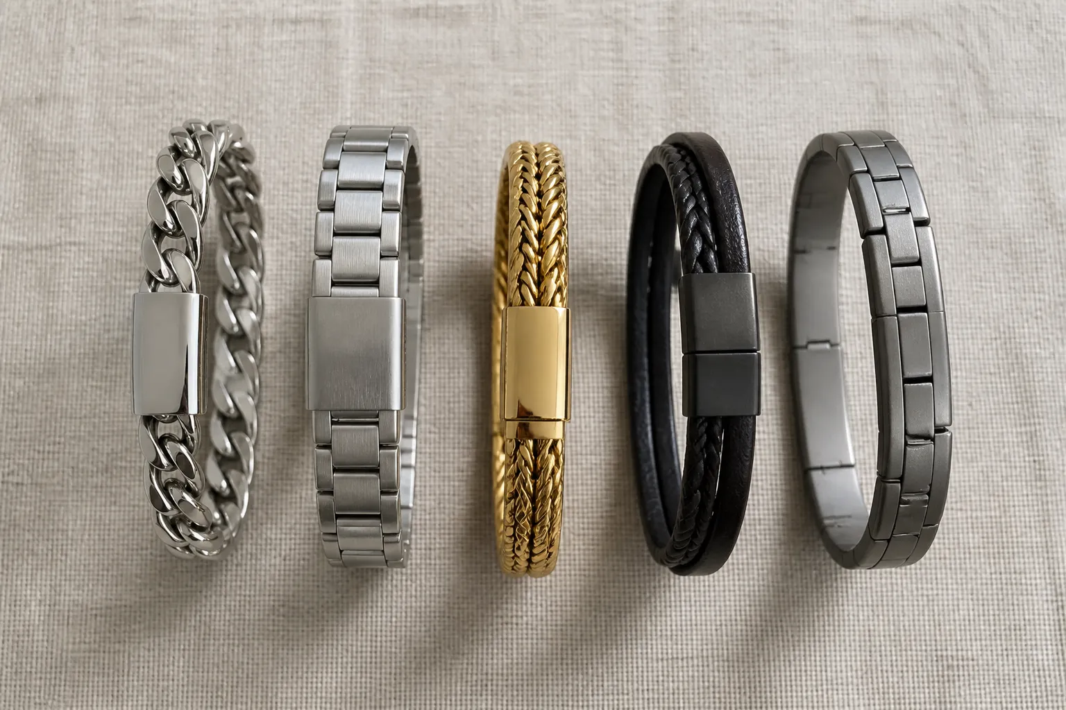 männer armband silber - Stillleben mit fünf Herrenarmbändern aus verschiedenen Materialien nebeneinander — Silber, Edelstahl, vergoldet, Leder, Titan — mit Beschriftungen zu Material und Preissegment