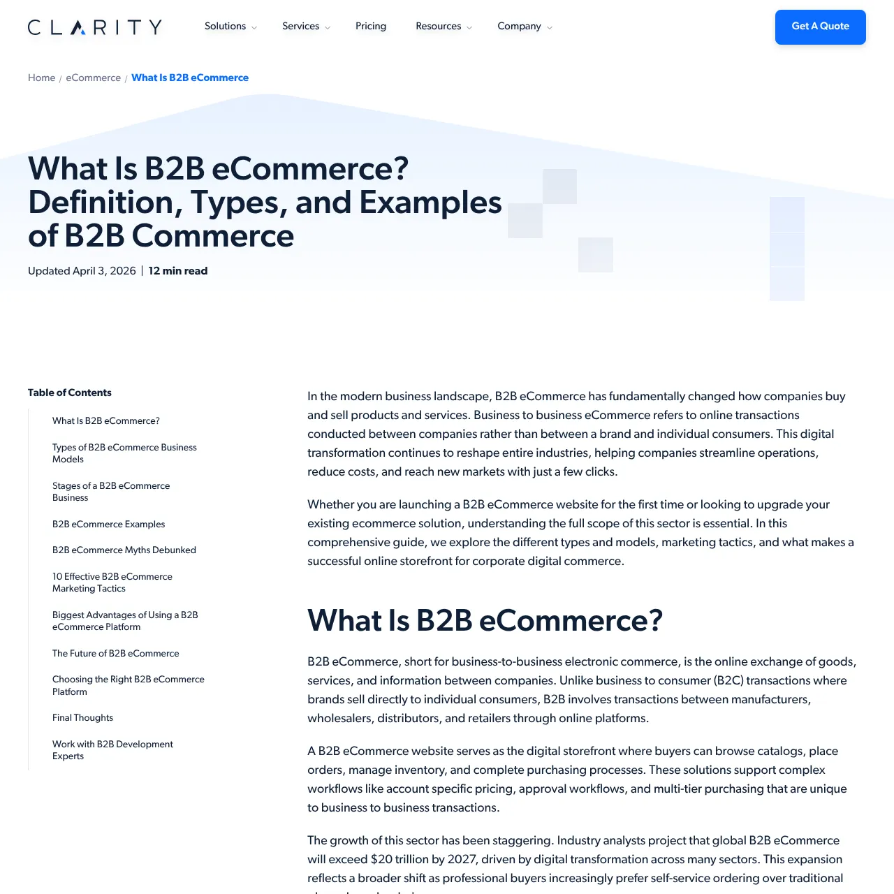 Clarity B2B eCommerce Platform interface