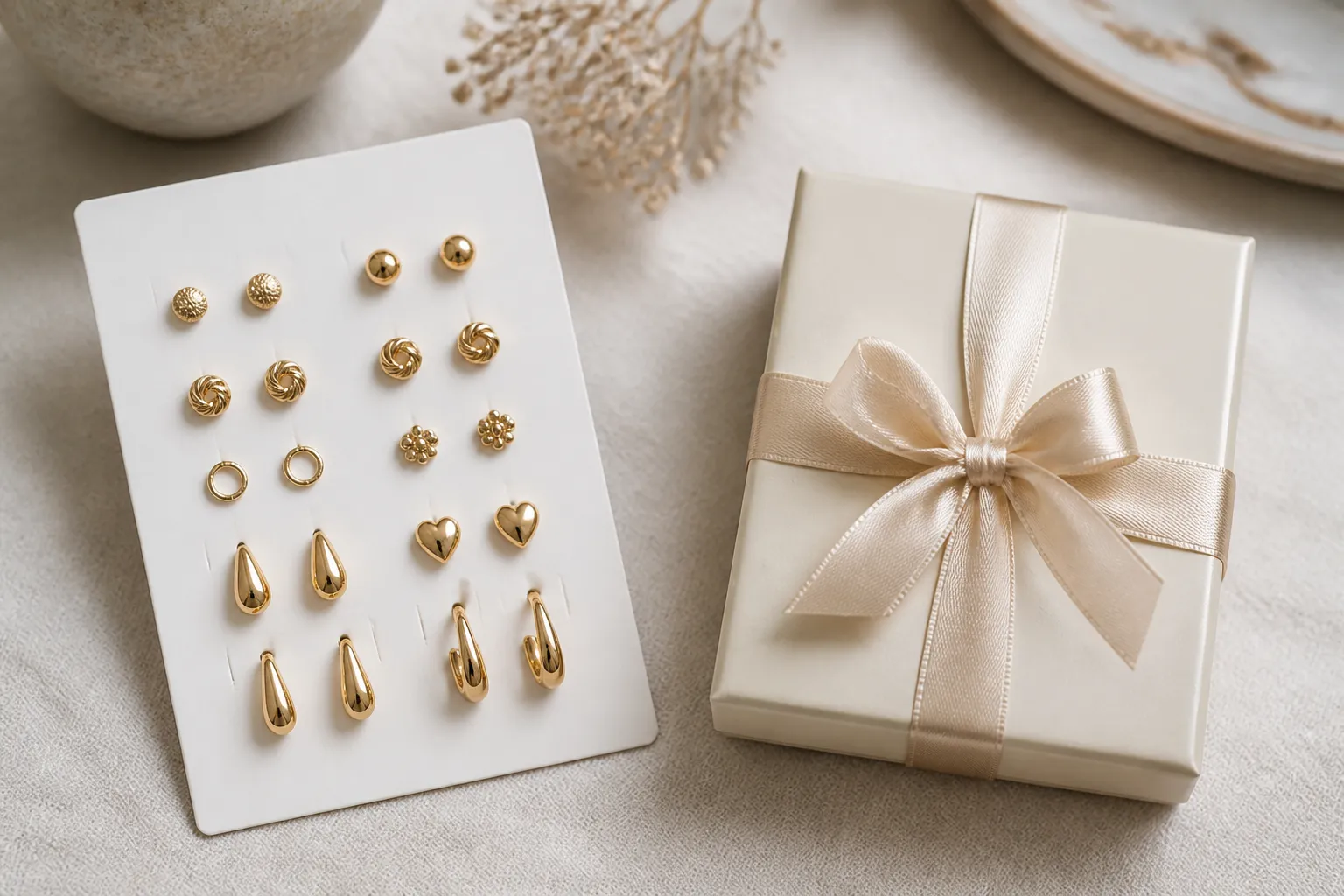custom jewelry - Side-by-side photorealistic comparison of a custom OEM gold-plated copper earring sample card next to a retail personalized jewelry packaging box, showing the different fulfillment contexts — B2B wholesale vs. consumer DTC