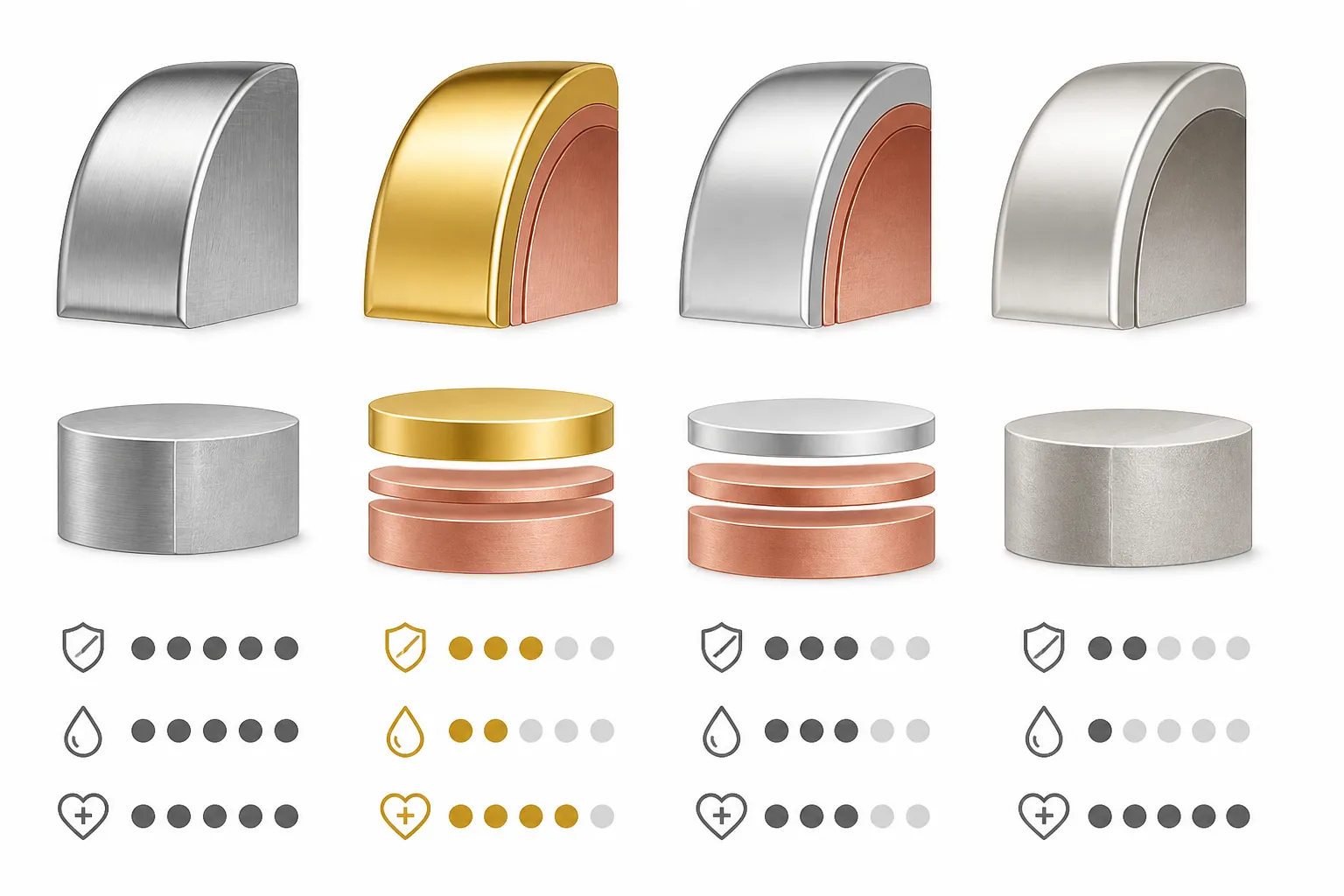 bijoux acier inoxydable - Diagramme annoté comparant la coupe transversale de quatre types de bijoux (acier 316L, cuivre plaqué or 18K, cuivre plaqué rhodium, argent 925) avec les épaisseurs de couches indiquées en microns et les propriétés résumées par icônes