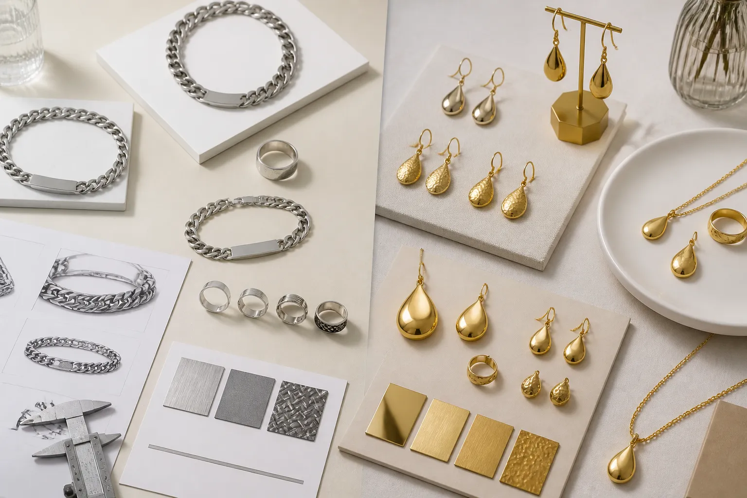 bijoux acier inoxydable - Photo éditoriale d'une table de showroom B2B avec deux zones distinctes — côté gauche : bracelets et anneaux acier inoxydable avec fiches techniques ; côté droit : boucles d'oreilles pendantes et sets en cuivre plaqué or avec swatches de finitions et carte MOQ visible