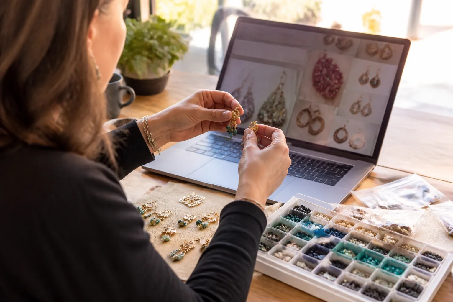 اشتري من الصين وانت في بيتك - Photorealistic over-the-shoulder shot of a jewelry buyer reviewing digital catalogs and supplier messages on a laptop at a home office desk, warm natural window light, samples of gold-plated copper earrings and glass beads visible beside the keyboard, documentary style