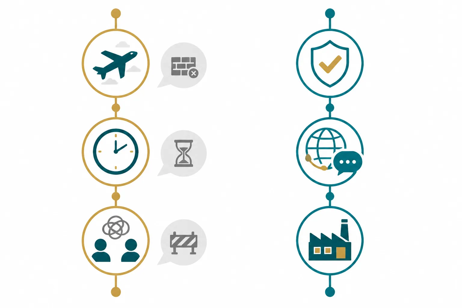 اشتري من الصين وانت في بيتك - Clean flat-design infographic comparing traditional sourcing vs remote digital sourcing for jewelry, showing two parallel paths with icons for travel costs, time, communication barriers versus digital verification, multilingual support, and direct factory access, teal and gold color scheme on white background