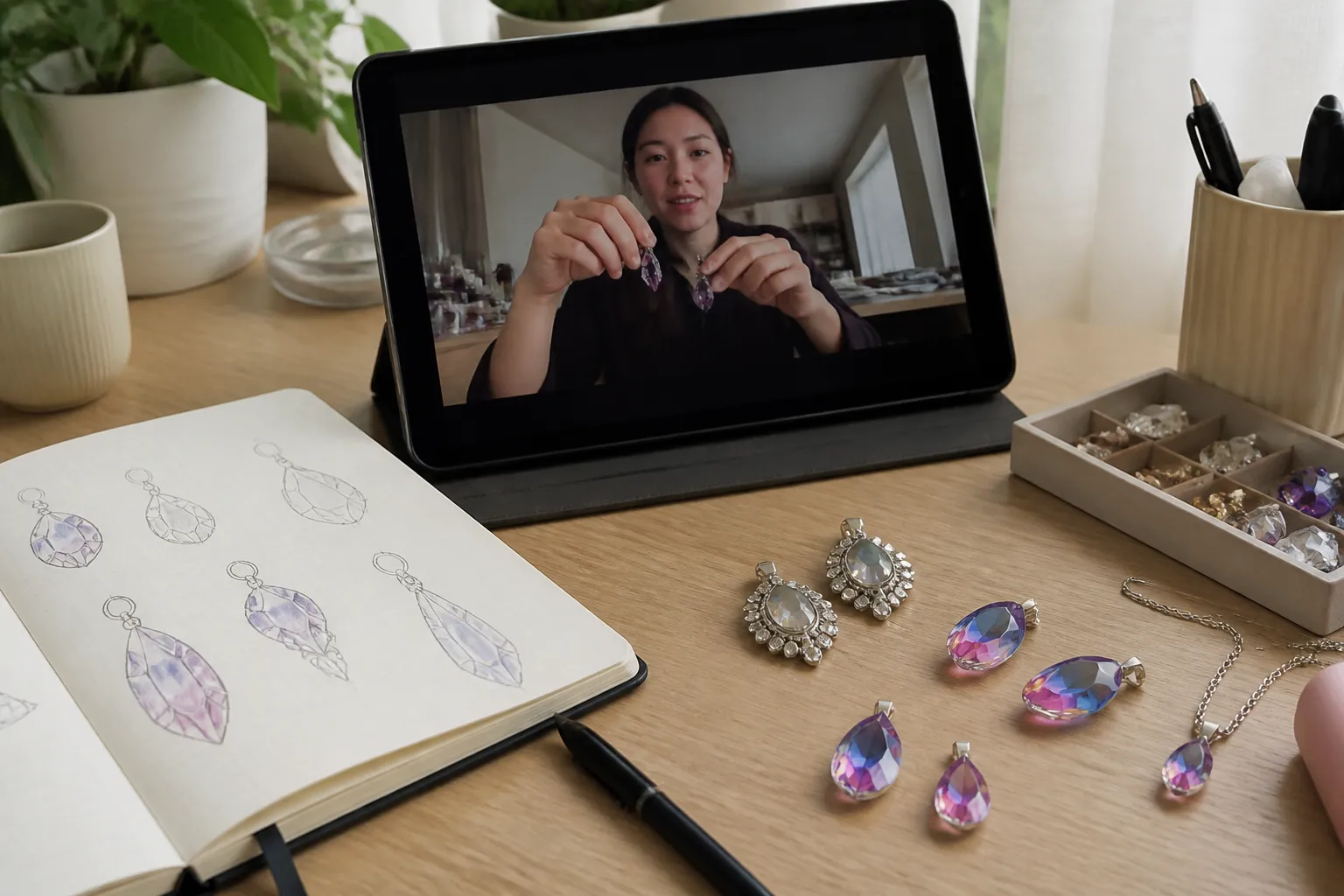 اشتري من الصين وانت في بيتك - Editorial conceptual photo of a workspace featuring an open notebook with hand-drawn jewelry sketches, a tablet displaying a supplier video call interface, and physical samples of rhinestone earrings and gradient crystal pendants arranged naturally, soft daylight from a side window, authentic procurement environment