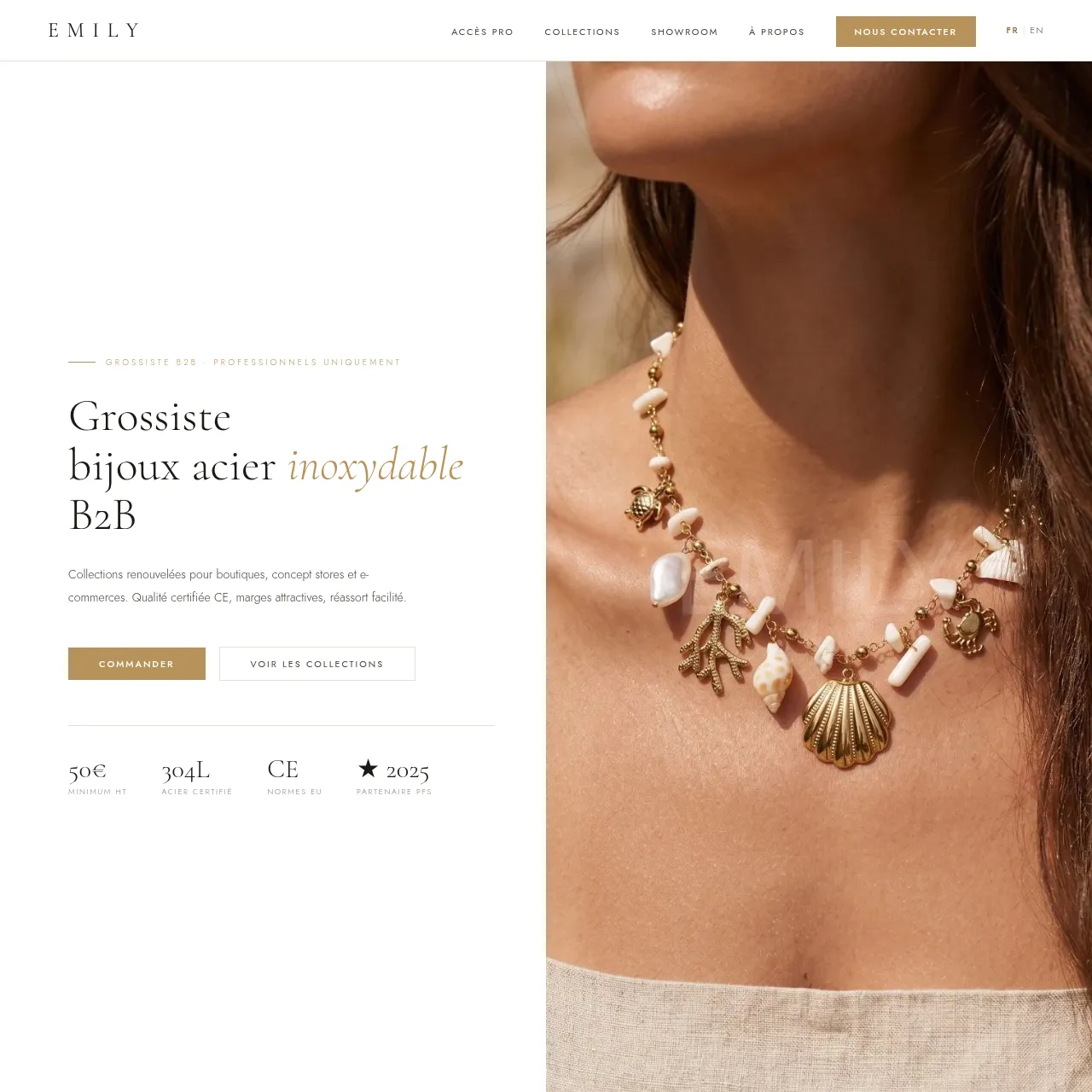 EMILY Bijoux — Grossiste bijoux acier inoxydable certifié CE, showroom à Aubervilliers