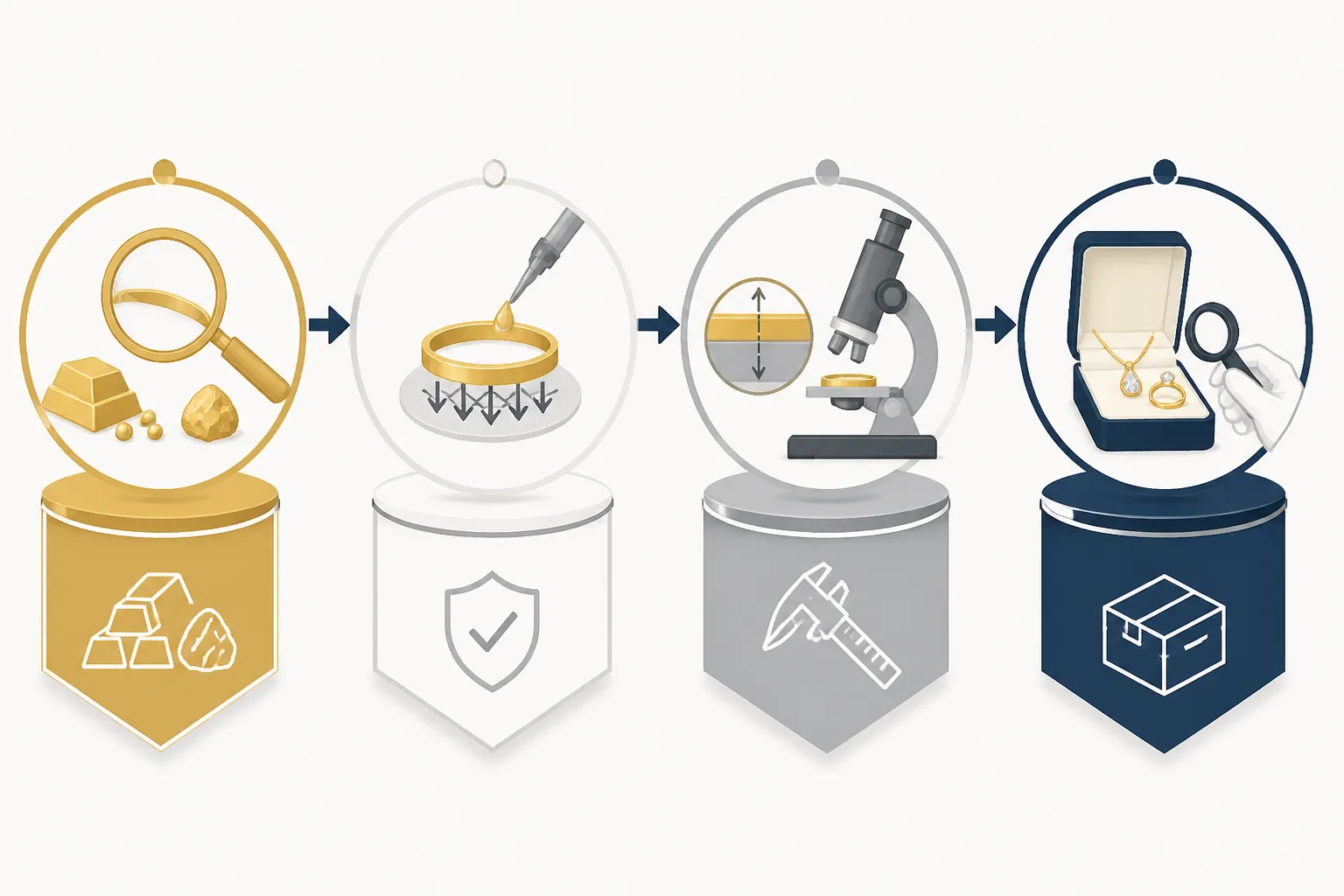 cadena de oro 18k - Diagrama técnico de las etapas de control de calidad en una línea de producción de joyería: inspección de materia prima, prueba de adhesión del baño, medición del grosor de capa con microscopio y revisión final antes de empaquetado