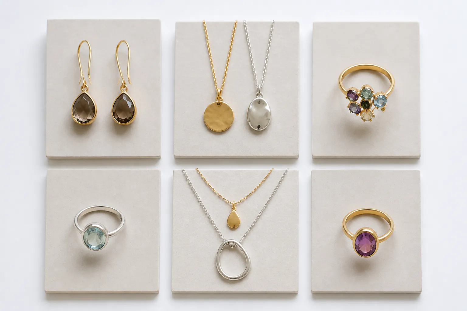 custom jewelry - Side-by-side comparison of six custom jewelry alternatives laid out as product cards on a white desk — showing drop earrings, personalized pendants, gemstone rings, and necklaces representing different price tiers and sourcing channels from DTC platforms to OEM factories