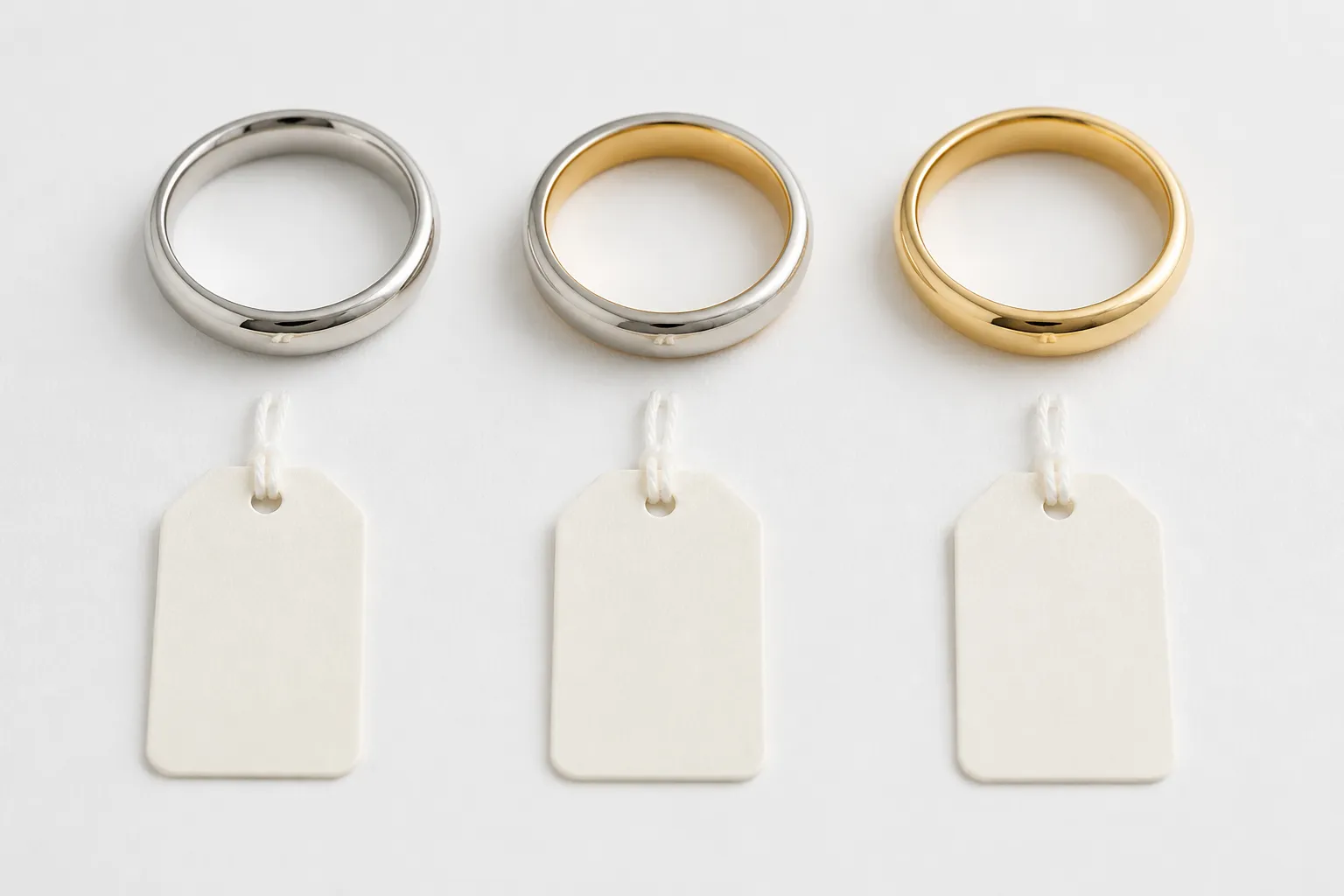 eheringe silber - Vergleichsdiagramm: Silber-, Bicolor- und Goldringe nebeneinander auf einer weißen Fläche mit Preis-Labels – informatives Editorial-Foto