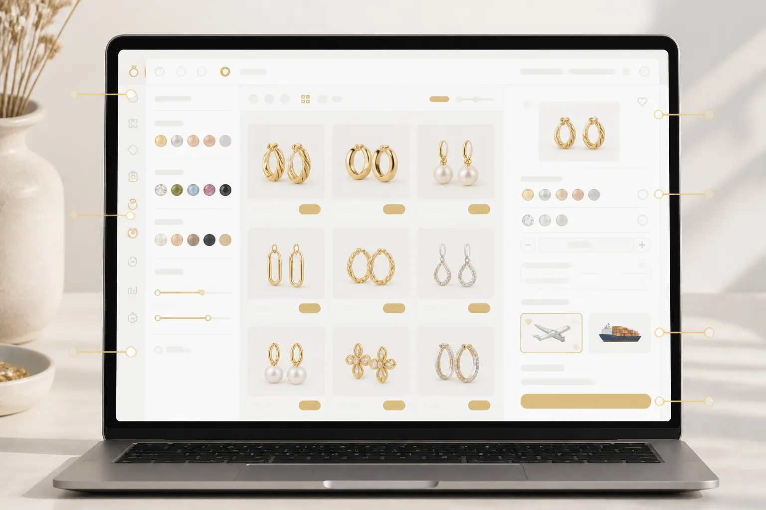 ماذا يمكن ان اشتري من الصين - Annotated UI mockup of a B2B jewelry sourcing platform interface on a laptop screen — product catalog grid showing earring styles with MOQ labels, filter sidebar with material/plating/stone options, order form with shipping method selector (Air/Sea/Express), clean light interface with gold accent colors
