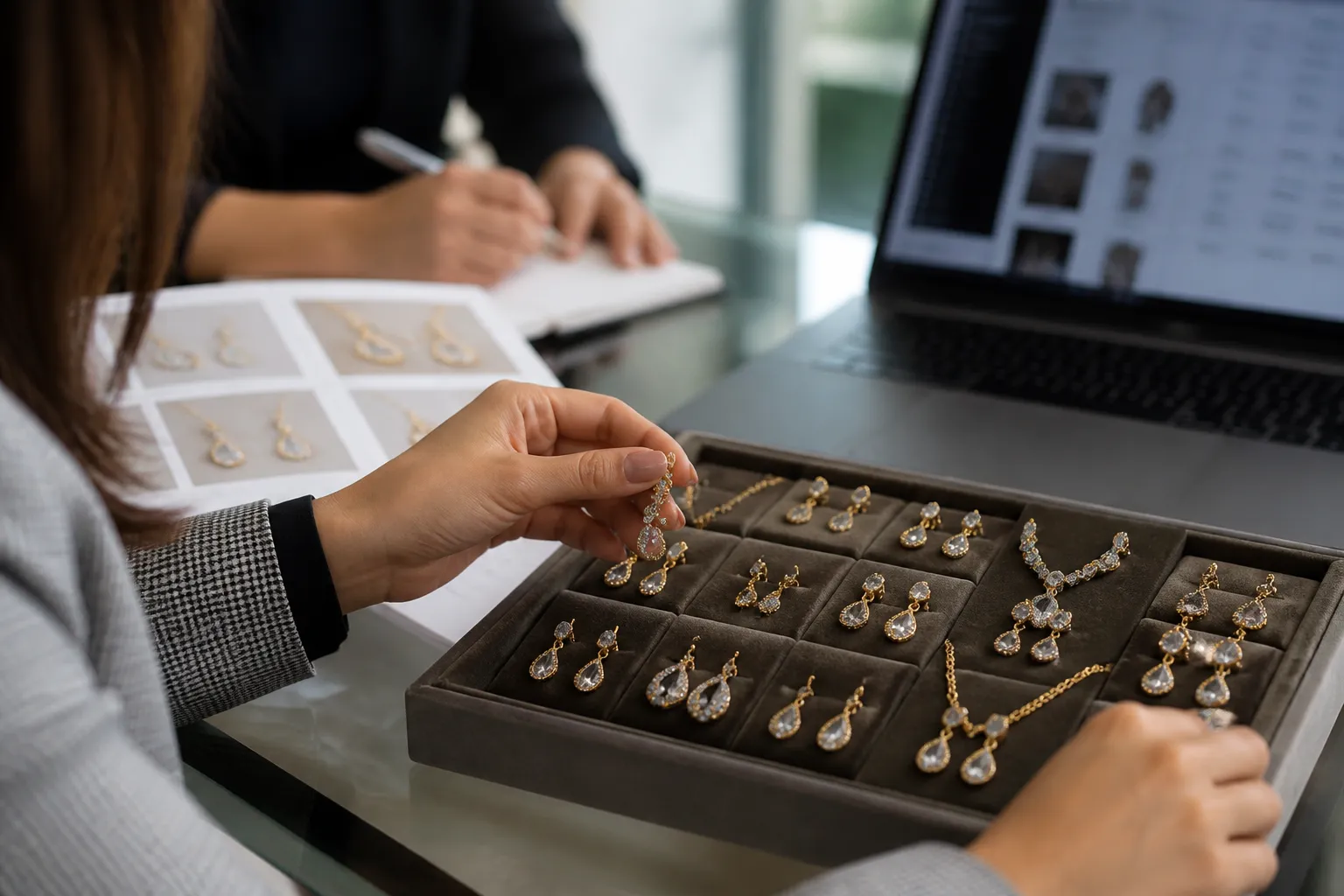 custom jewelry - Editorial photo of a procurement professional reviewing a gold-plated jewelry sample tray and sourcing catalog at a B2B meeting — drop earrings, crystal pendants, and necklace-earring sets arranged for quality comparison, with a laptop showing a supplier portal in the background