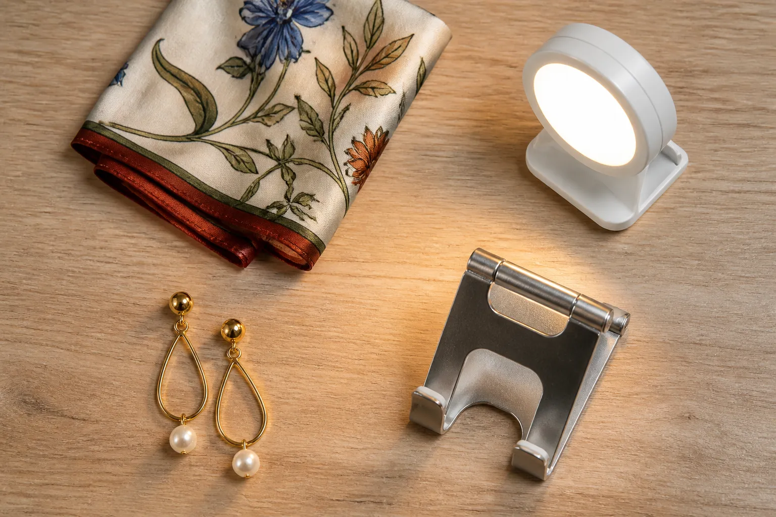 ما يمكن شراؤه من الصين - Photorealistic flat-lay of diverse Chinese export products on a light wooden surface — gold-plated drop earrings, a folded silk scarf, a compact LED lamp, and a stainless steel phone stand, arranged with deliberate spacing and warm studio lighting that highlights material textures