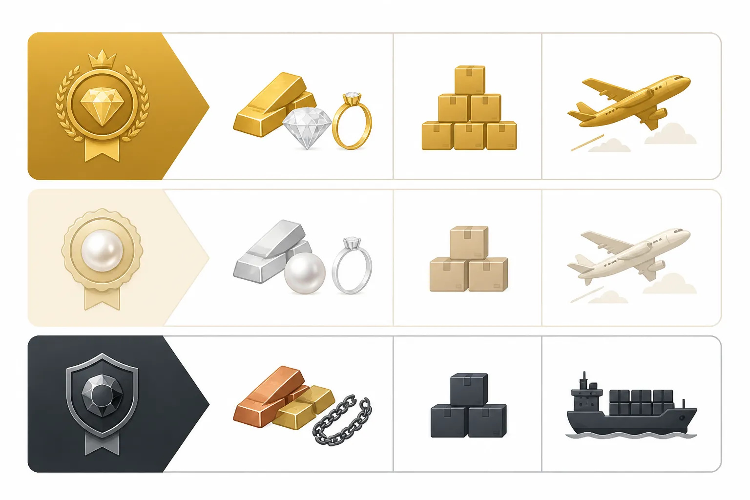 ما يمكن شراؤه من الصين - Clean flat-design infographic comparing three jewelry sourcing tiers from China — stock catalog (low MOQ, fast delivery), semi-custom (mid MOQ, 30-day lead), and full OEM (higher MOQ, 60-day lead) — shown as three horizontal rows with icons for materials, minimum order, and shipping mode, in gold/ivory/charcoal color palette