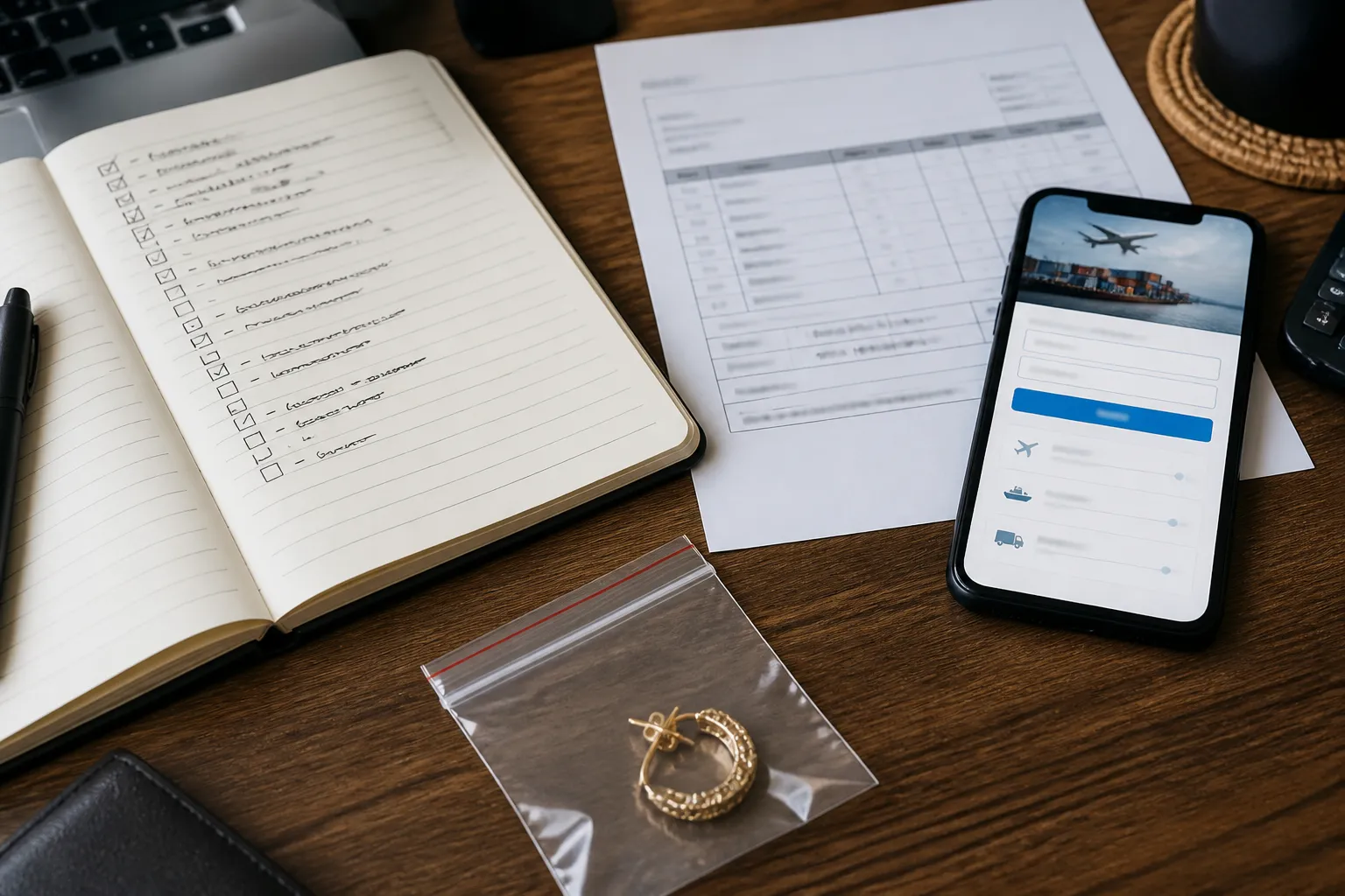 ما يمكن شراؤه من الصين - Editorial top-down photo of a procurement desk: an open notebook showing a handwritten pre-shipment checklist (HS code, compliance certificate, shipping quote), a printed invoice with Chinese text partially visible, a small sample gold-plated earring in a labeled zip bag, and a smartphone showing a freight calculator app — warm natural desk light, authentic working environment