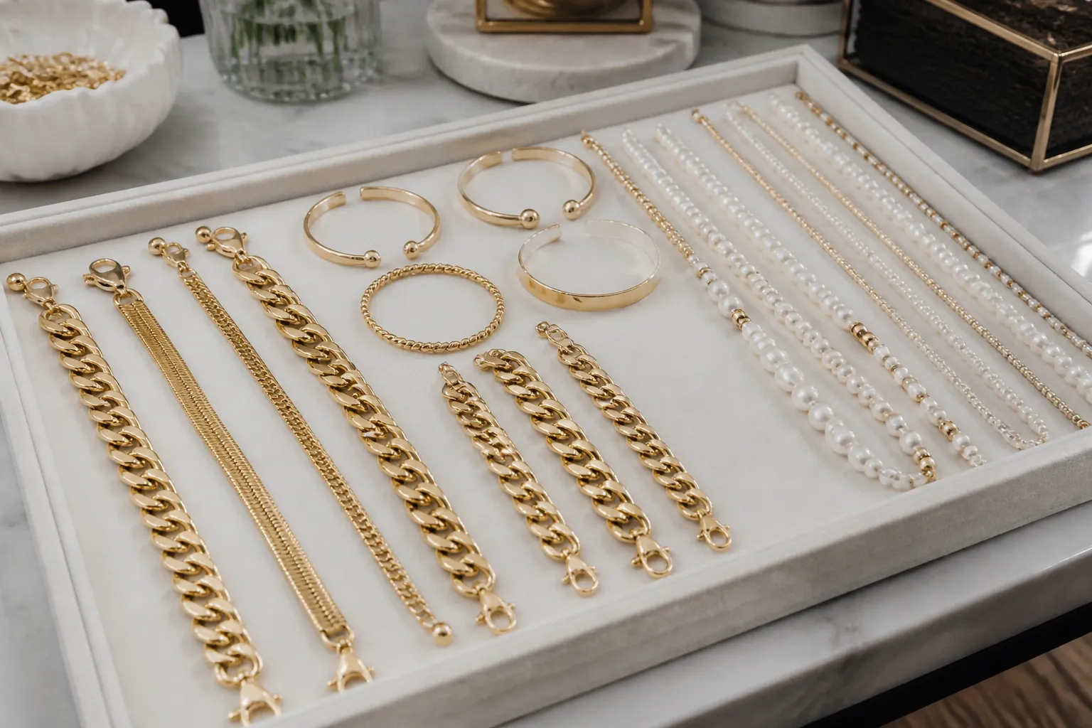 bracelet or - Photo d'une table de présentation d'échantillons bijoux OEM : bracelets plaqués or, perles de verre, chaînes cubaines — contexte sourcing B2B en atelier ou showroom