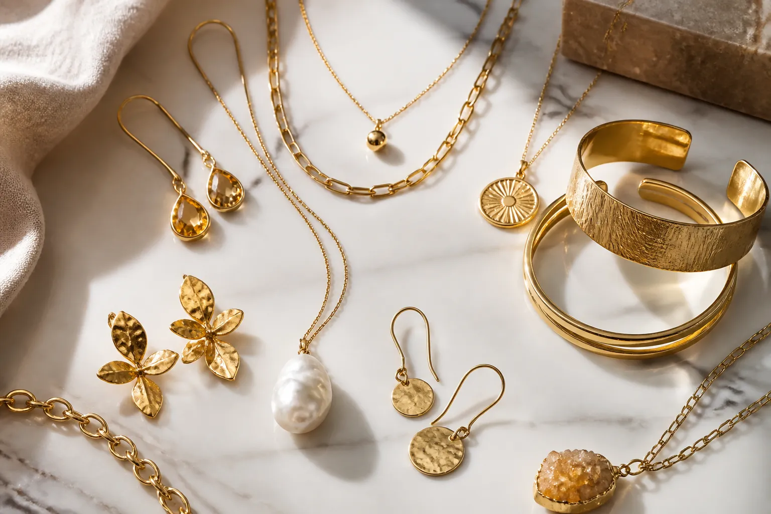 joyas de oro - Fotografía editorial flat-lay de colección de joyas de oro — pendientes colgantes, cadenas, pulseras y conjuntos collar sobre superficie de mármol blanco, con etiquetas técnicas indicando tipo de acabado y base metálica