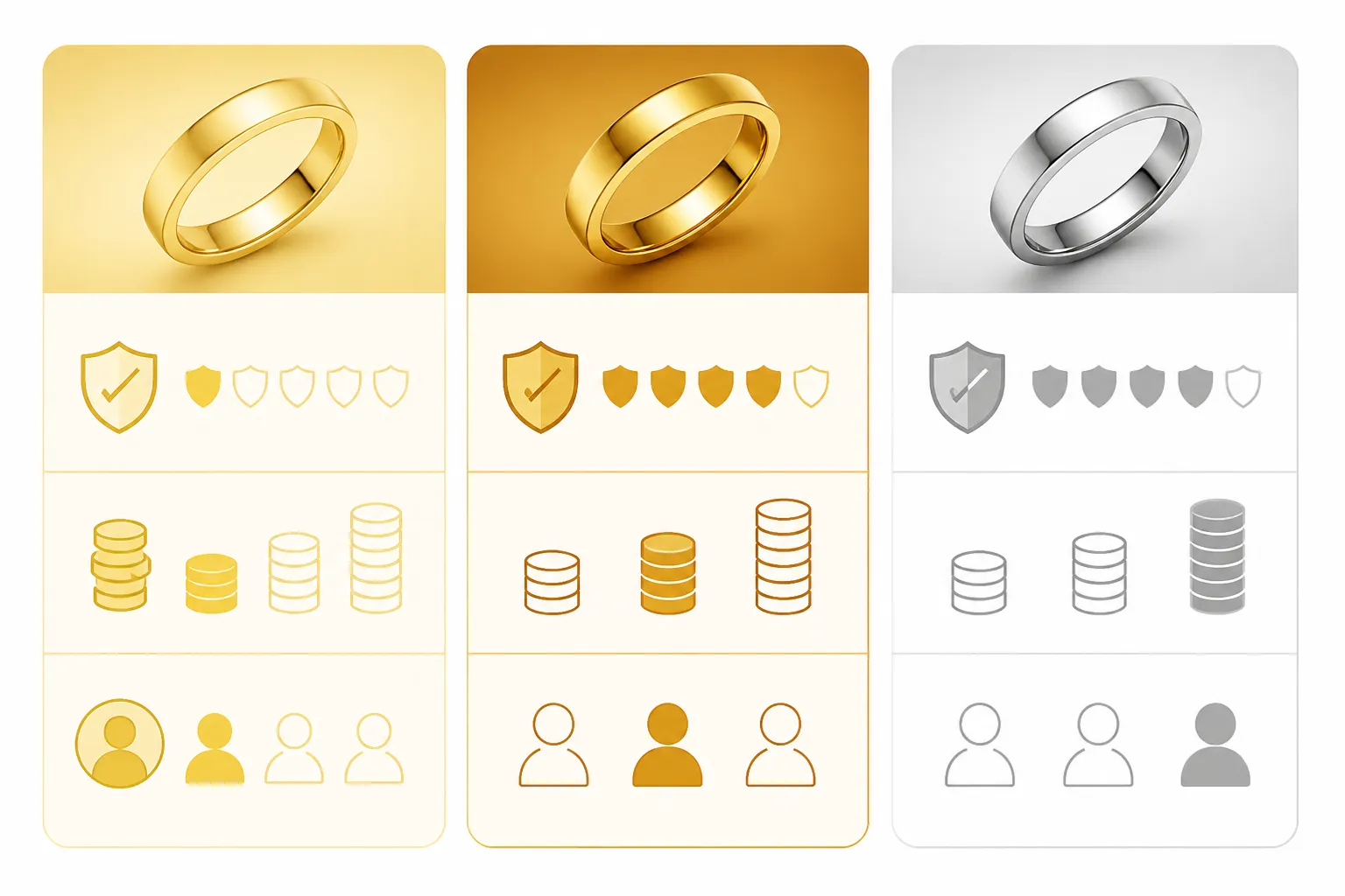 joyas de oro - Diagrama comparativo de tipos de acabado en joyería — chapado en oro vs. oro macizo vs. rodio blanco, con indicadores de durabilidad estimada, coste relativo y aplicación típica según perfil de comprador