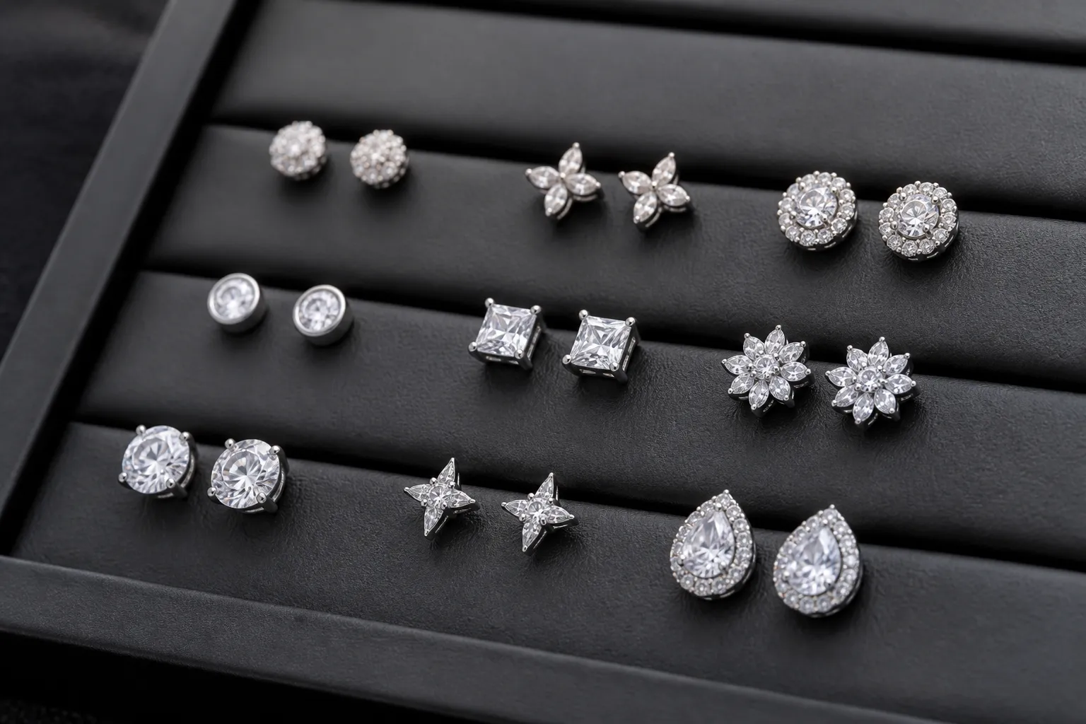 modeschmuck damen - Nahaufnahme von rhodinierten Ohrsteckern mit Rhinestone-Details auf schwarzem Schmucktablett — typische Wholesale-Präsentation für DTC-Einkäufer im europäischen Markt