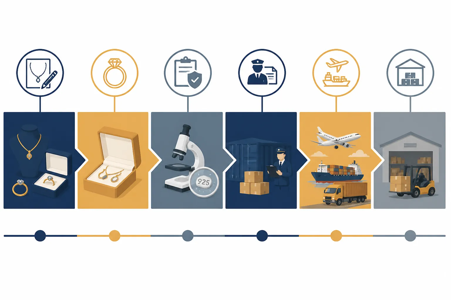 modeschmuck damen - Ablaufdiagramm des B2B-Importprozesses für Modeschmuck von China nach Deutschland — von Musterbestellung und REACH-Prüfung über Zollabwicklung bis zur Lagereinlagerung, mit Zeitangaben je Schritt