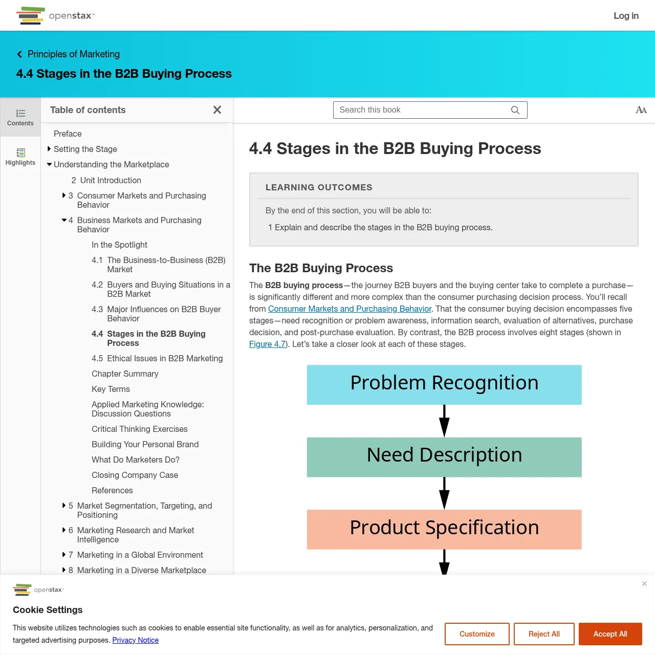 OpenStax Principles of Marketing – Chapter 4.4: Stages in the B2B Buying Process interface