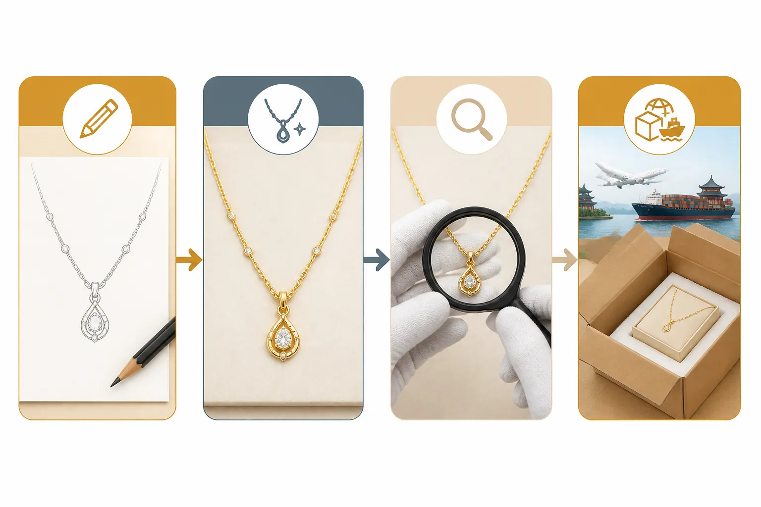 collier or femme - Schéma annoté montrant le processus OEM : de l'échantillon de design au prototype plaqué or, avec les étapes de contrôle qualité et d'expédition EXW/FOB depuis Hangzhou