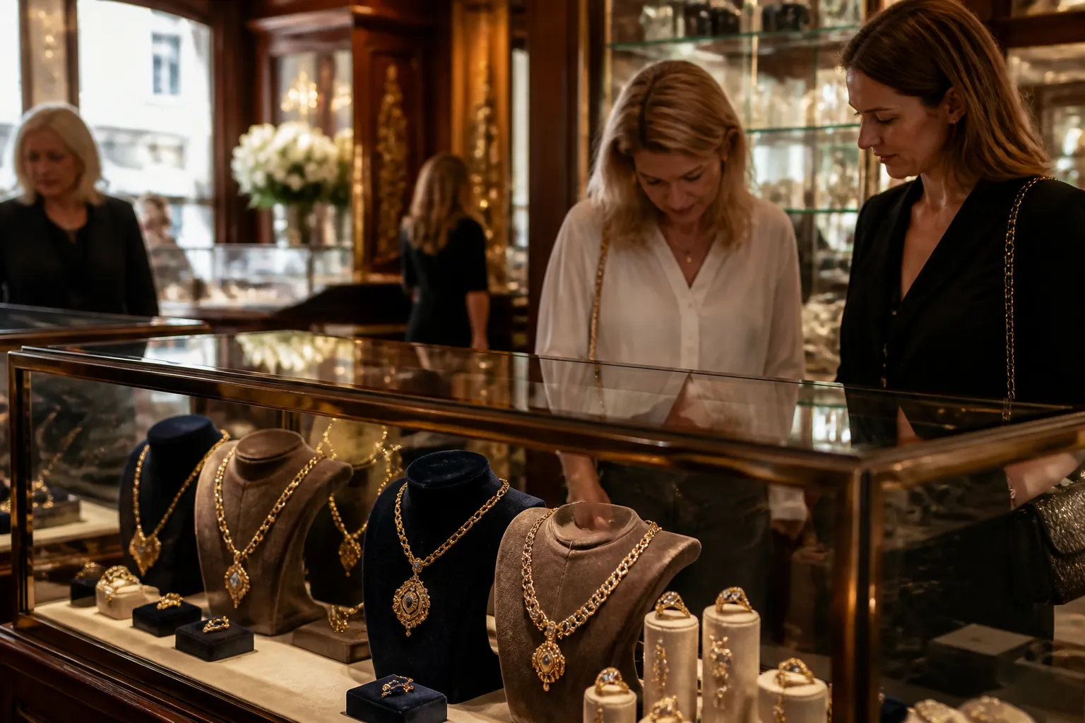 collier or femme - Photo éditoriale d'une boutique bijouterie traditionnelle française avec vitrine présentant des colliers or et des étiquettes de prix premium, clientèle féminine en arrière-plan