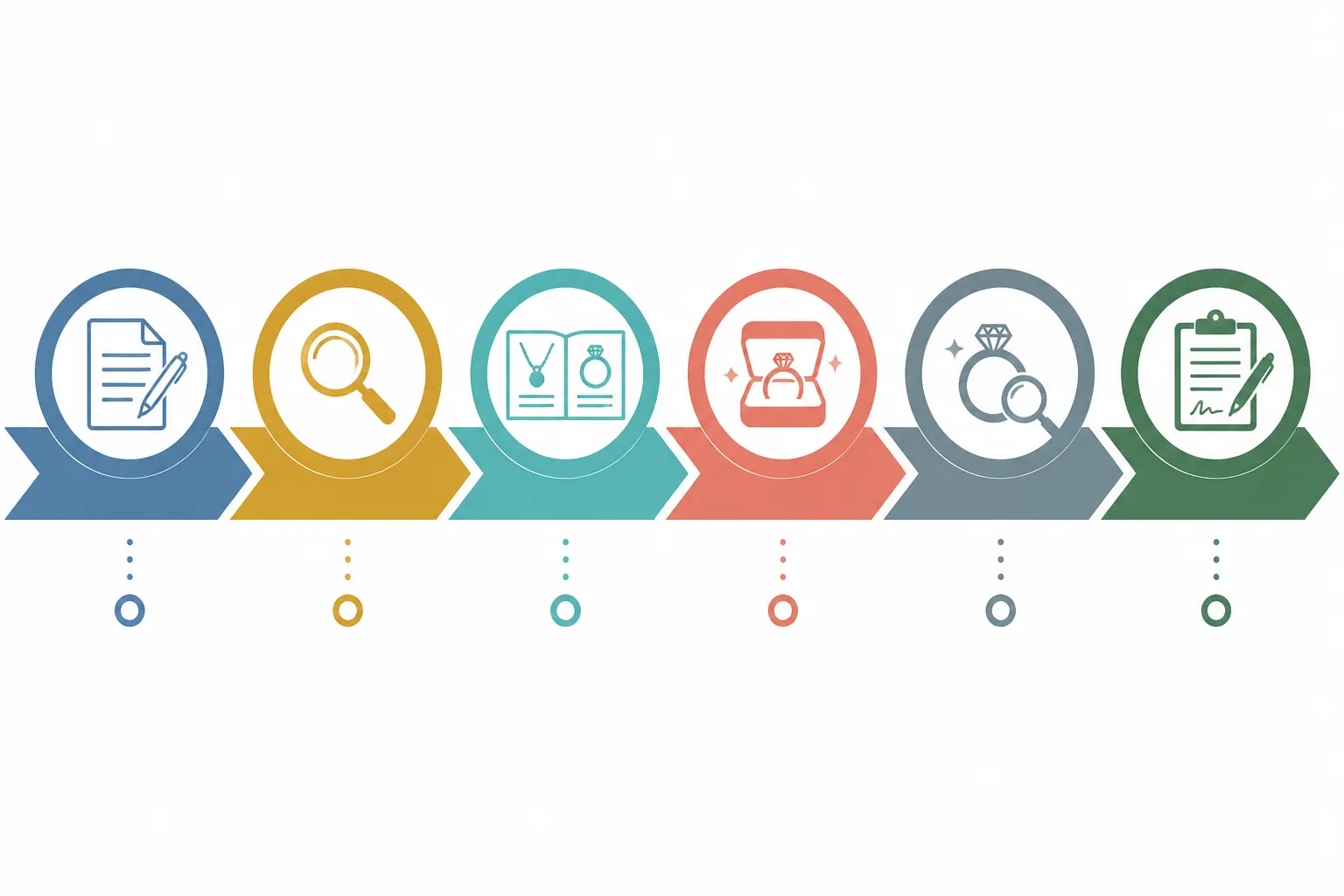 wholesale jewelry los angeles - Clean flat-design infographic diagram showing the six sequential steps of the wholesale jewelry sourcing process in Los Angeles, distinct color zones per step (steel blue, warm gold, teal, coral, slate gray, forest green), simple icon per stage representing: document, search, catalog, sample box, inspection, contract; white background, no decorative elements