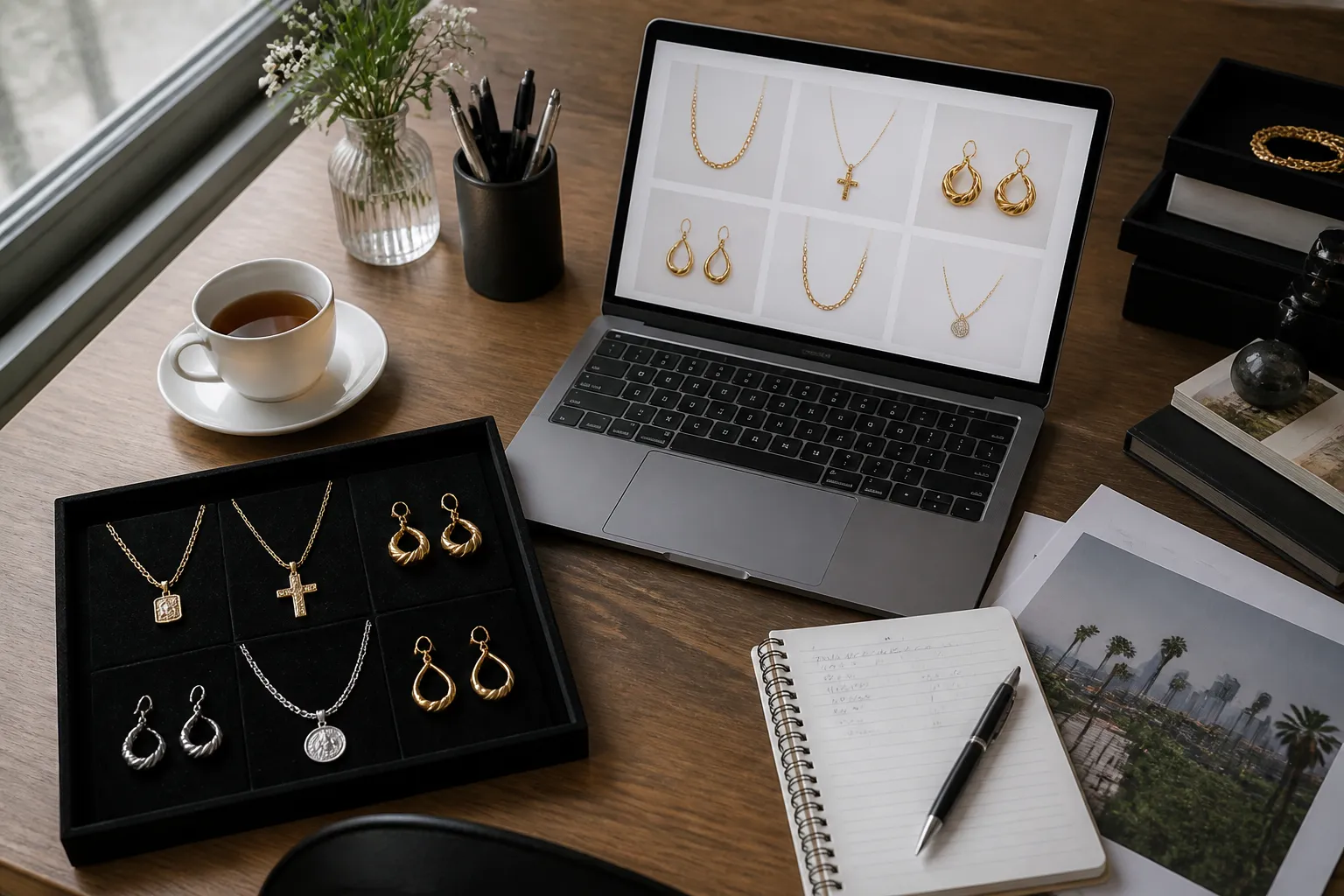 wholesale jewelry los angeles - Top-down editorial photo of an international buyer's workspace: open laptop displaying a wholesale jewelry catalog PDF with gold necklaces and earrings, a physical sample tray with six jewelry pieces in varied finishes, a notepad with handwritten MOQ and lead time notes, a cup of tea, natural window light from the left side, authentic working environment feel