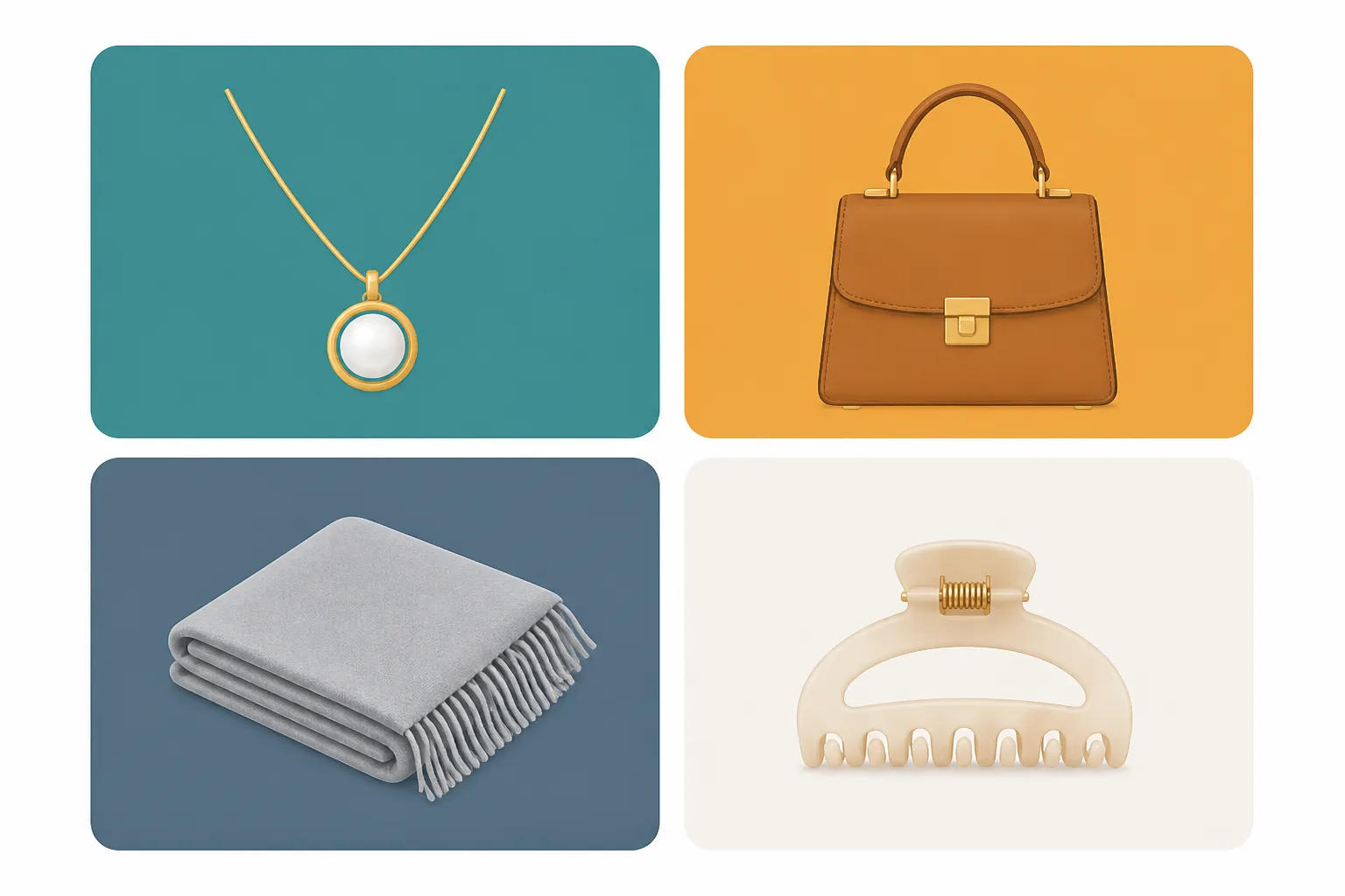 apparel accessories wholesale - Clean informational diagram showing four apparel accessories wholesale categories — jewellery, bags, textile accessories, hair accessories — arranged in a 2x2 grid with a simple icon per category, flat design, distinct color zones (teal, amber, slate, warm white), a brief 1-line description under each icon, white background