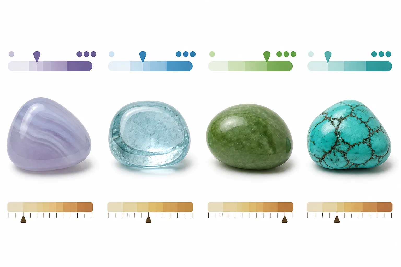 calcedonia piedra - Diagrama comparativo de variedades de calcedonia piedra junto a otras gemas semipreciosas (aguamarina, jade, turquesa), con indicación de escala de dureza Mohs y rango de precio orientativo por quilate