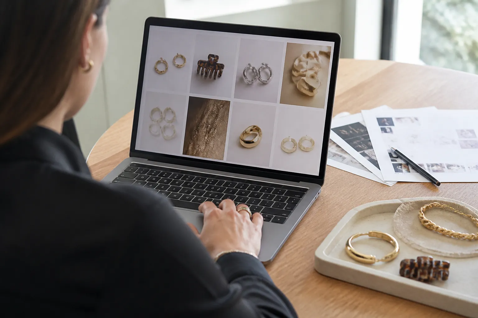 apparel accessories wholesale - Photorealistic over-the-shoulder shot of a procurement buyer reviewing a wholesale accessories catalog on a laptop at a clean wooden desk, printed spec sheets and a small tray of sample jewellery pieces to the right, natural window light, documentary-style composition