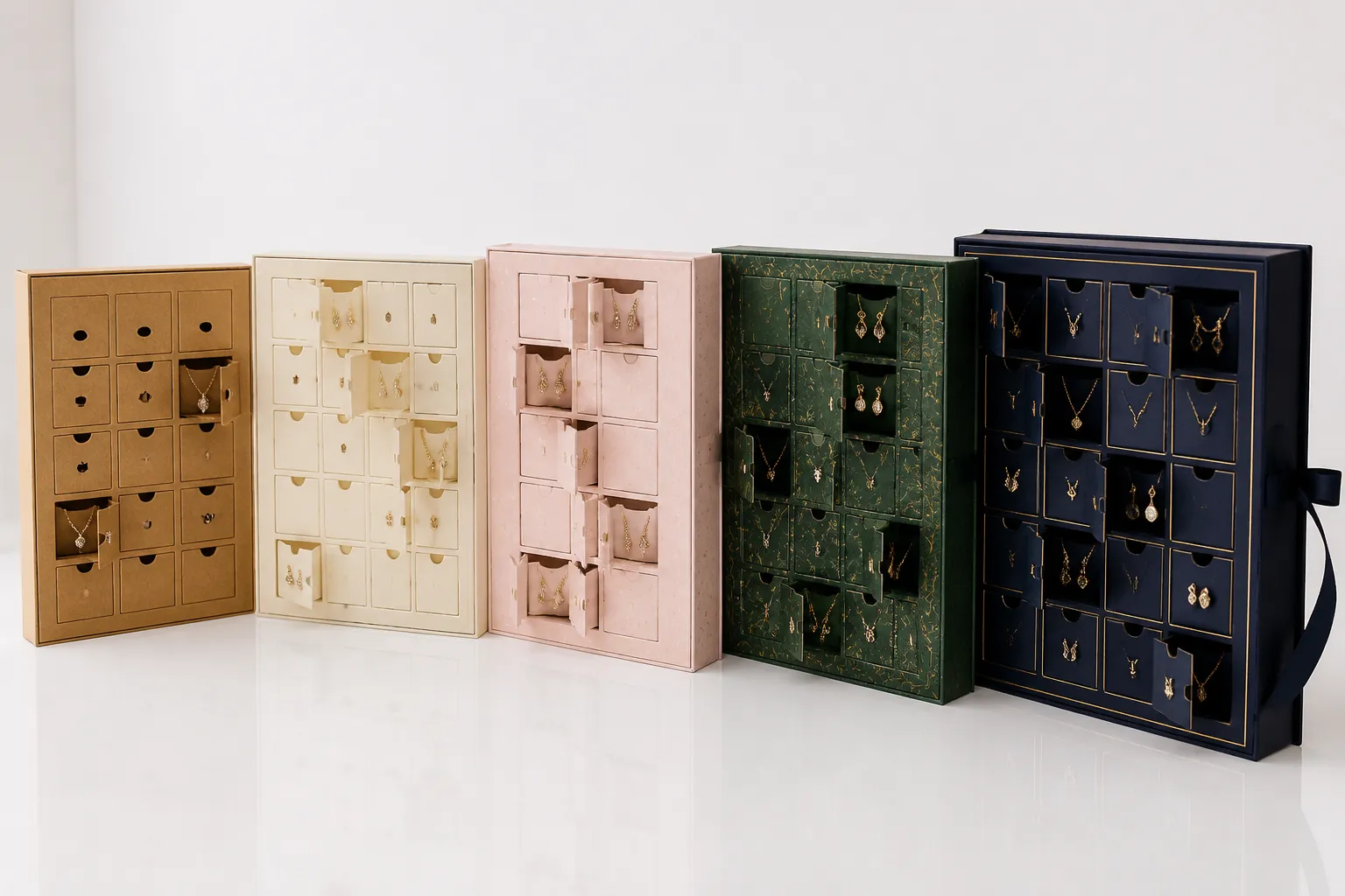 schmuck adventskalender - Seitenansicht von fünf verschiedenen Schmuck-Adventskalender-Kartons unterschiedlicher Preisklassen, von einfacher Karton-Optik bis hochwertiger Geschenkbox, nebeneinander auf weißem Hintergrund mit sichtbaren Türchen und geöffneten Fächern mit Ohrringen und Ketten