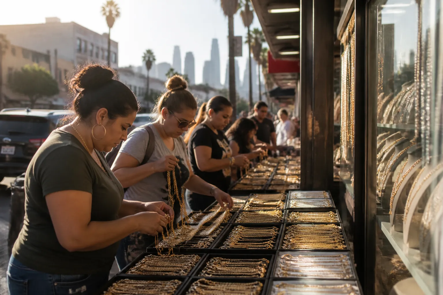 los angeles wholesale jewelry - Photorealistic wide-angle documentary photograph of a bustling Los Angeles Fashion District street lined with wholesale jewelry storefronts, buyers examining trays of gold-tone necklaces and layered bracelets under natural afternoon sunlight, authentic street-level perspective with signage visible in background