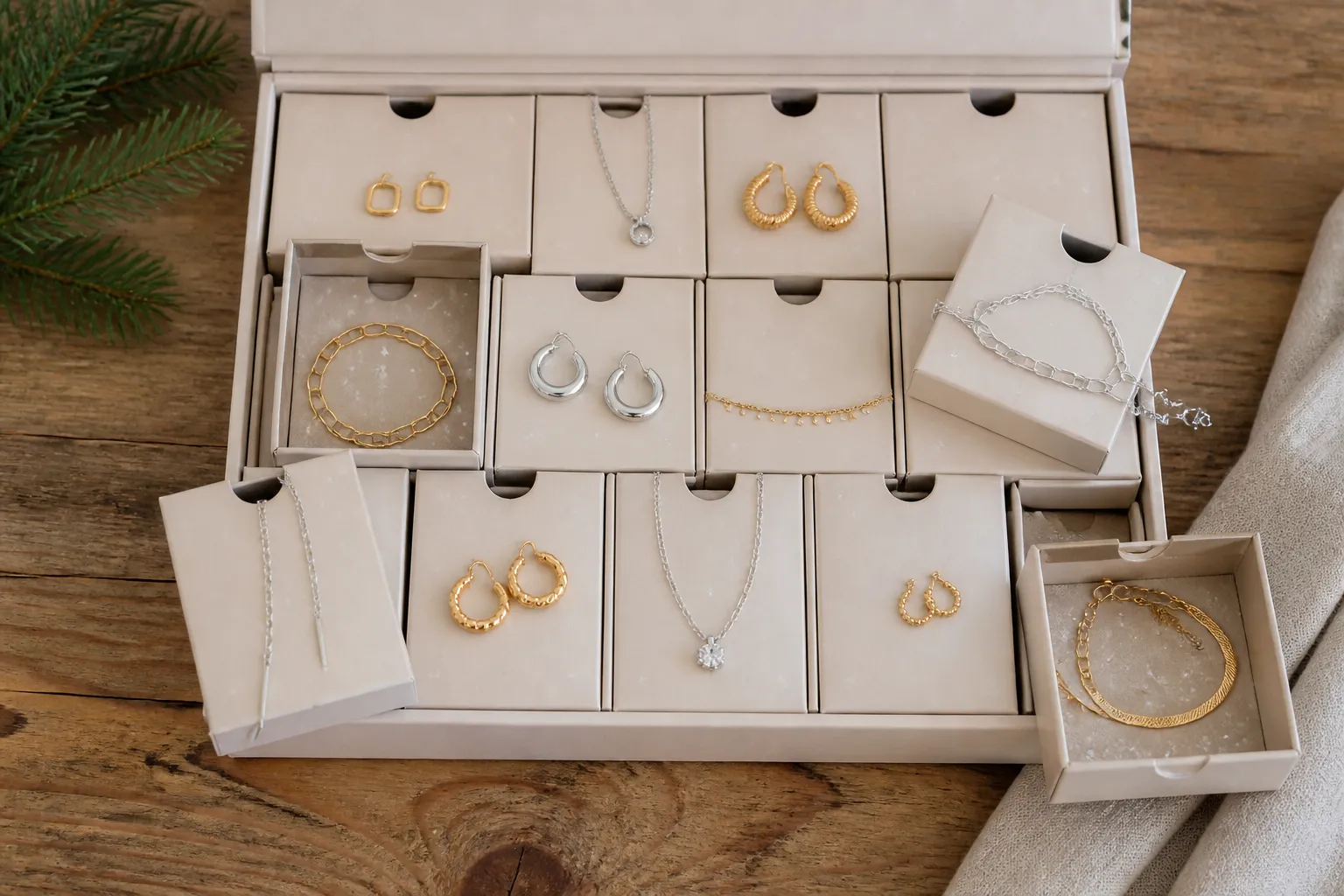 schmuck adventskalender - Flatlay eines befüllten Schmuck-Adventskalenders mit verschiedenen Ohrringen, Ketten und Armbändern aus vergoldetem und rhodiniertem Metall, daneben offene Aufbewahrungsbox mit nummerierten Fächern auf natürlichem Holzhintergrund
