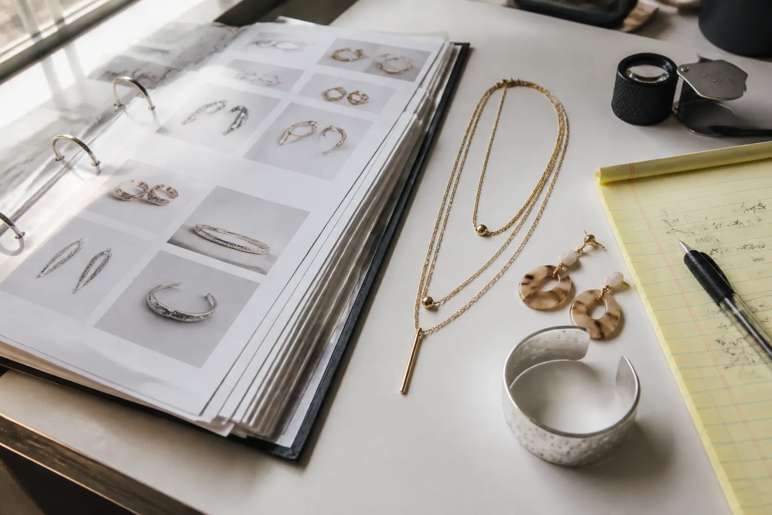 los angeles wholesale jewelry - Editorial overhead photograph of a buyer's workspace during a wholesale jewelry evaluation session — open ring binder with supplier spec sheets, three jewelry samples (a gold-tone layered necklace, a pair of resin drop earrings, a silver cuff bracelet) arranged on a white surface, magnifying loupe beside them, handwritten notes on a yellow legal pad, natural window light from the upper left